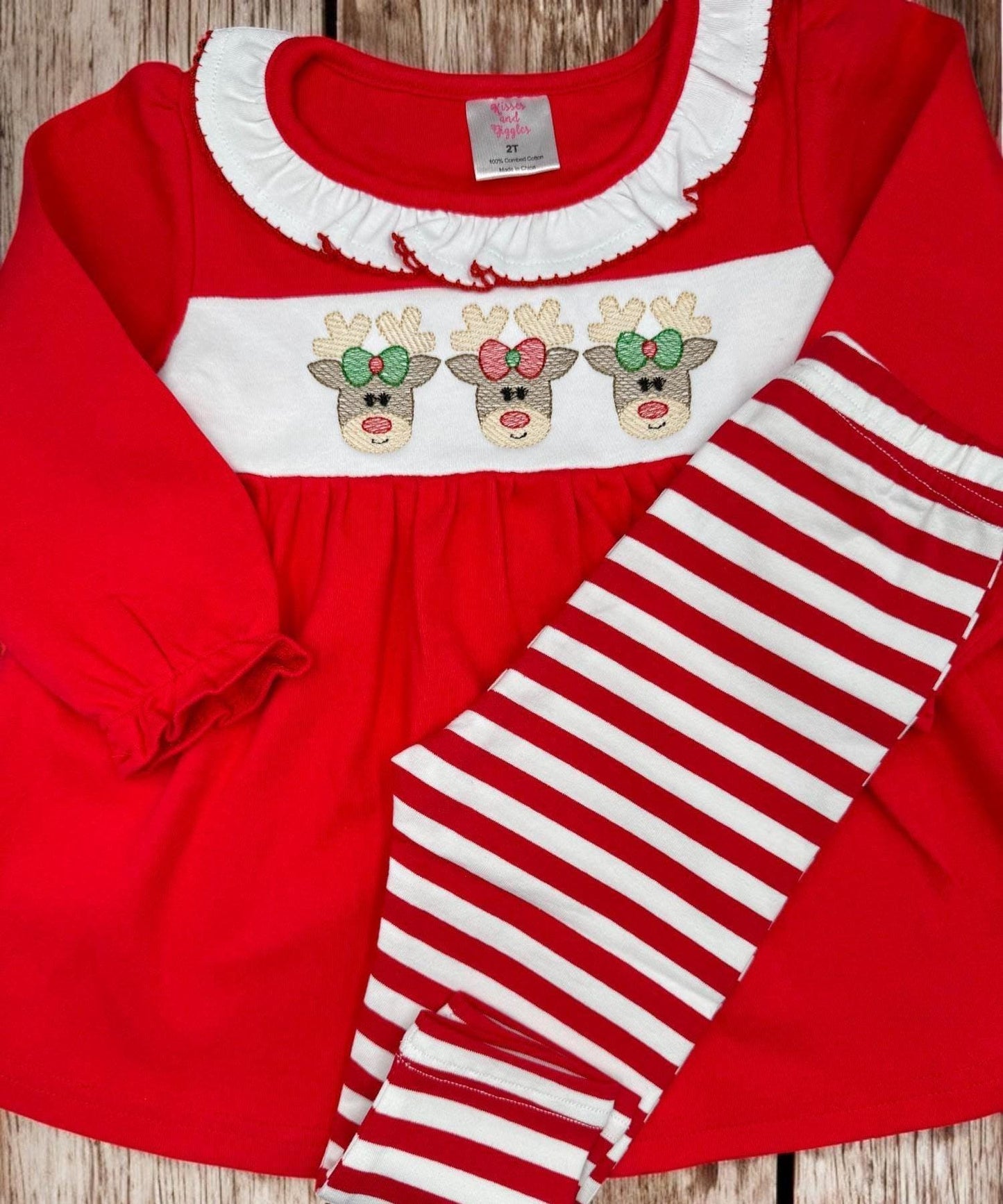 Girls Christmas Reindeer Outfit: Red Tunic & Striped Leggings