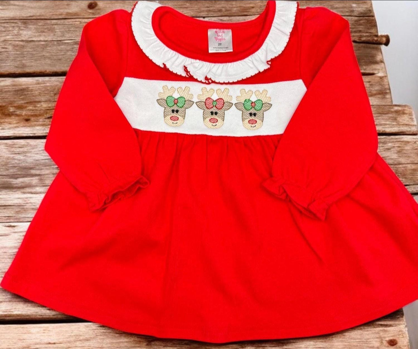 Girls Christmas Reindeer Outfit: Red Tunic & Striped Leggings