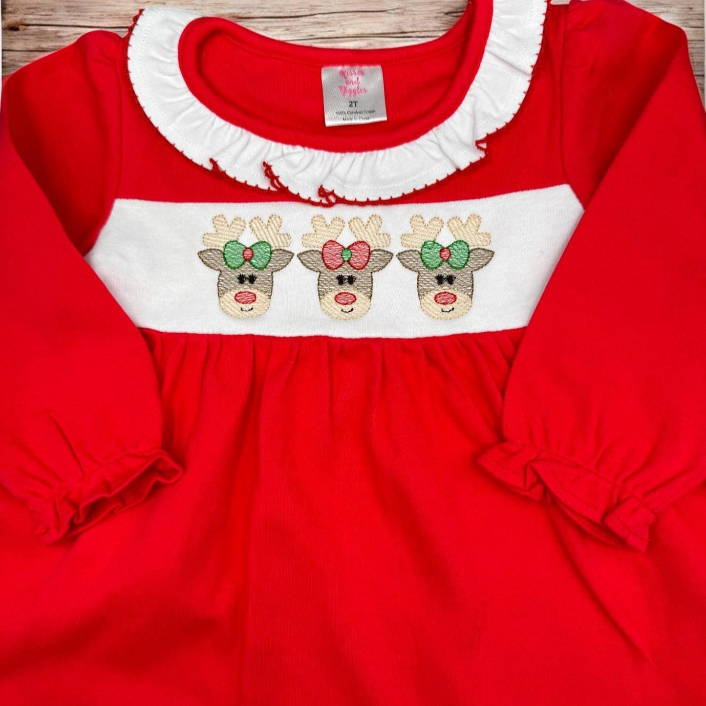 Girls Christmas Reindeer Outfit: Red Tunic & Striped Leggings