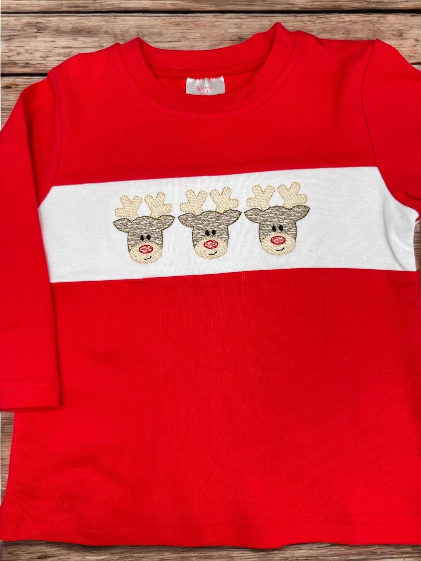 Boys Christmas Reindeer Shirt: Embroidered Red Long Sleeve