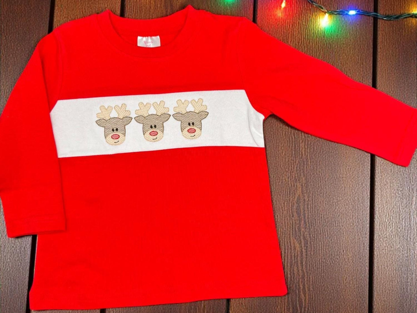 Boys Christmas Reindeer Shirt: Embroidered Red Long Sleeve