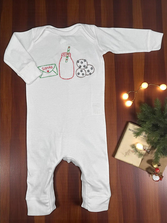 Embroidered Christmas Romper: Milk & Cookies Santa Outfit
