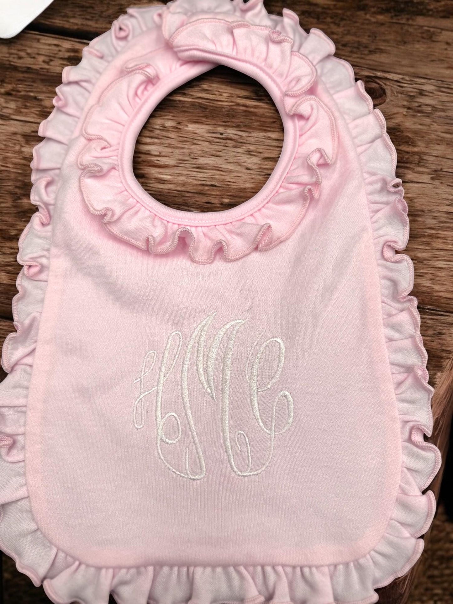 Monogrammed Baby Bib and Burp Cloth Set: Pink or Lavender Ruffle