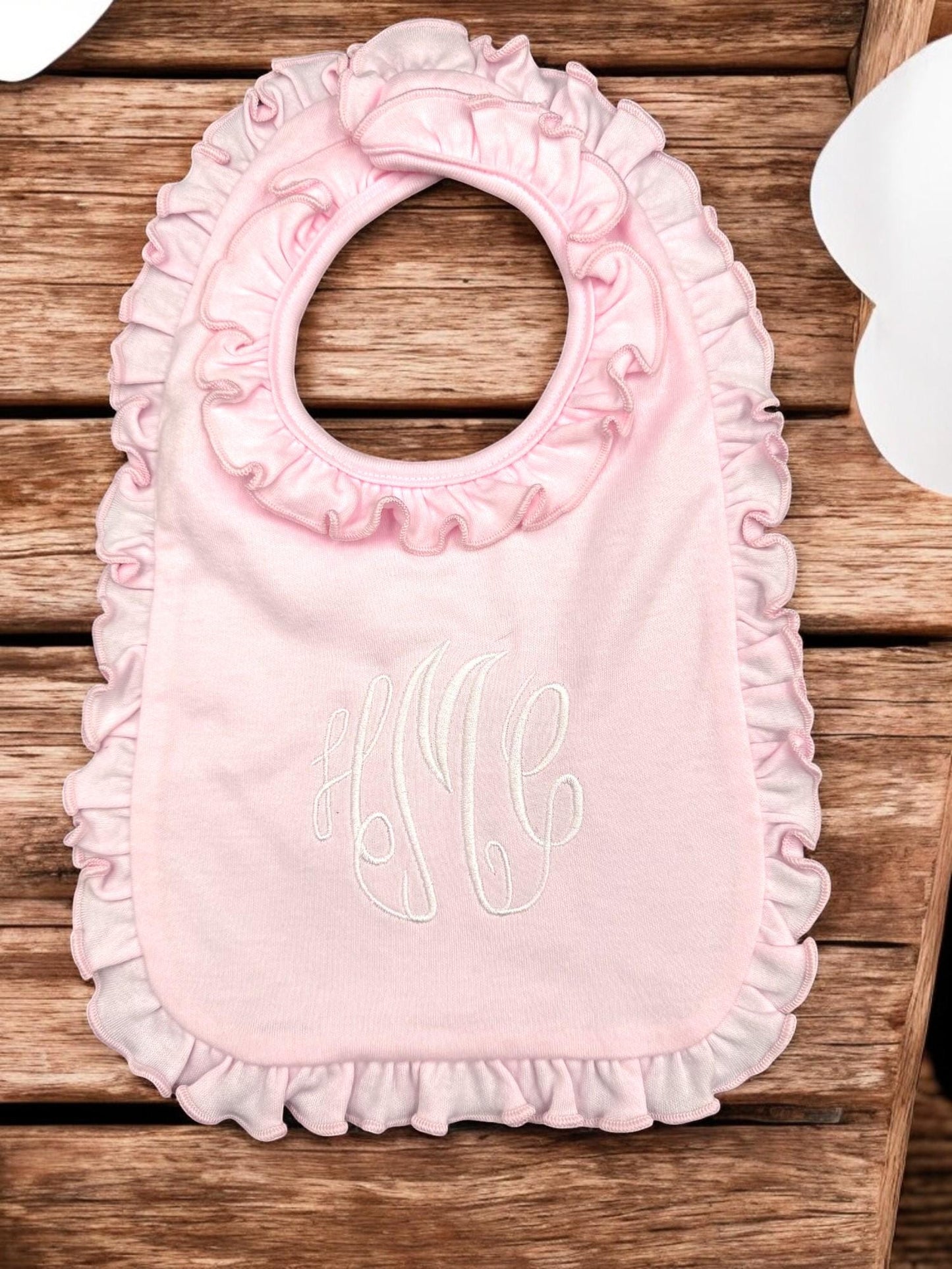 Monogrammed Baby Bib and Burp Cloth Set: Pink or Lavender Ruffle