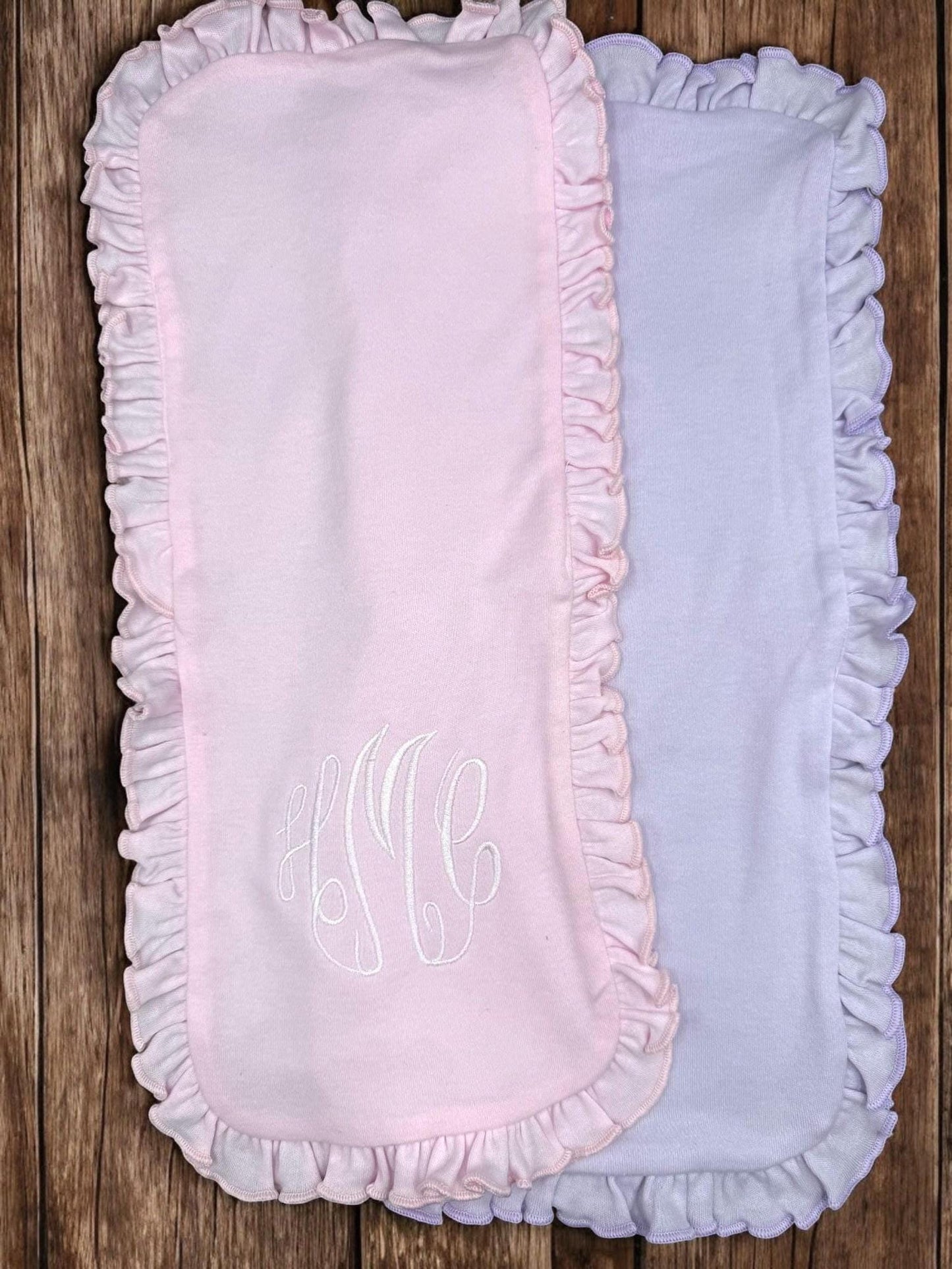 Monogrammed Baby Bib and Burp Cloth Set: Pink or Lavender Ruffle