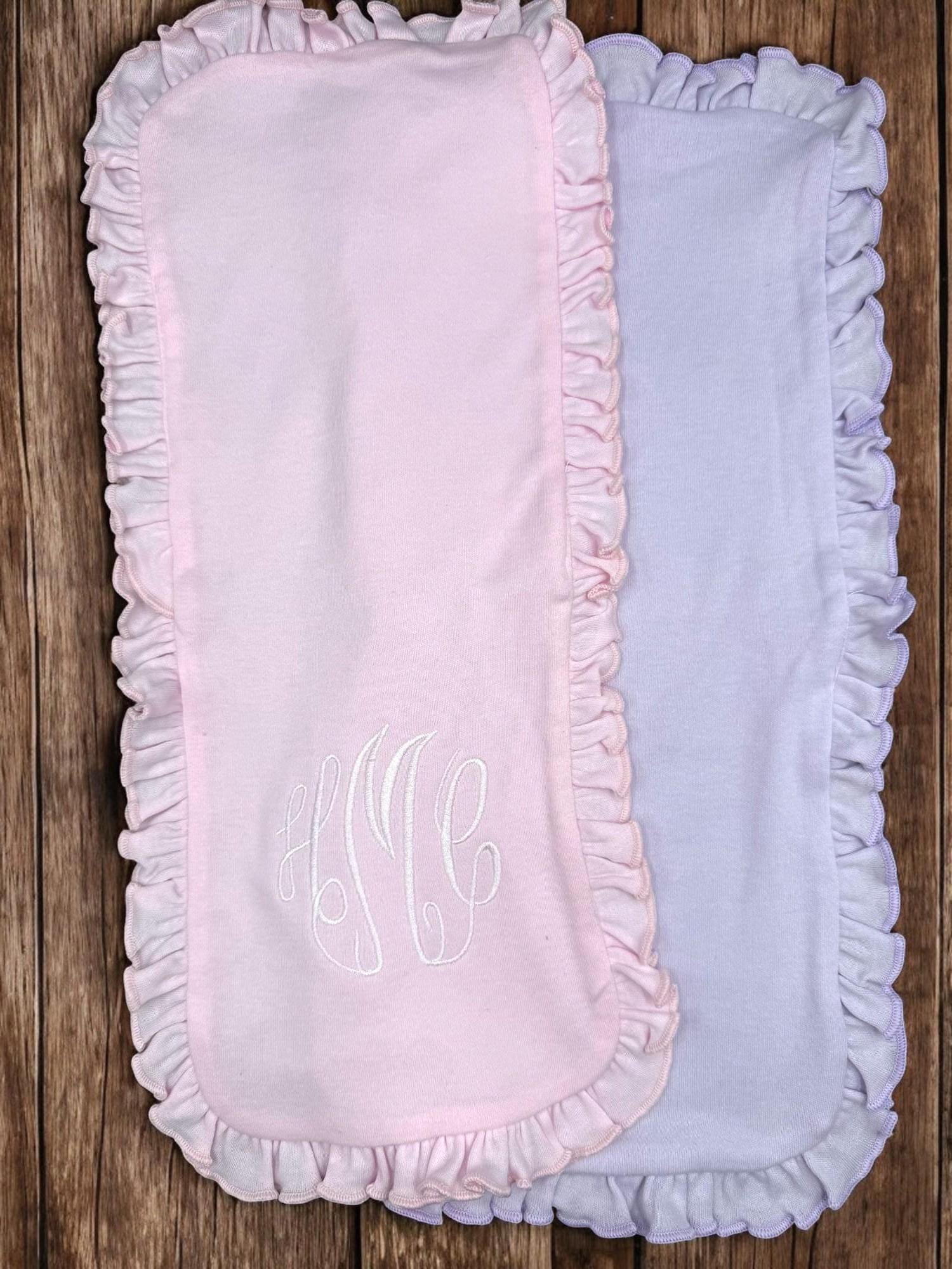 Monogrammed Baby Bib and Burp Cloth Set: Pink or Lavender Ruffle