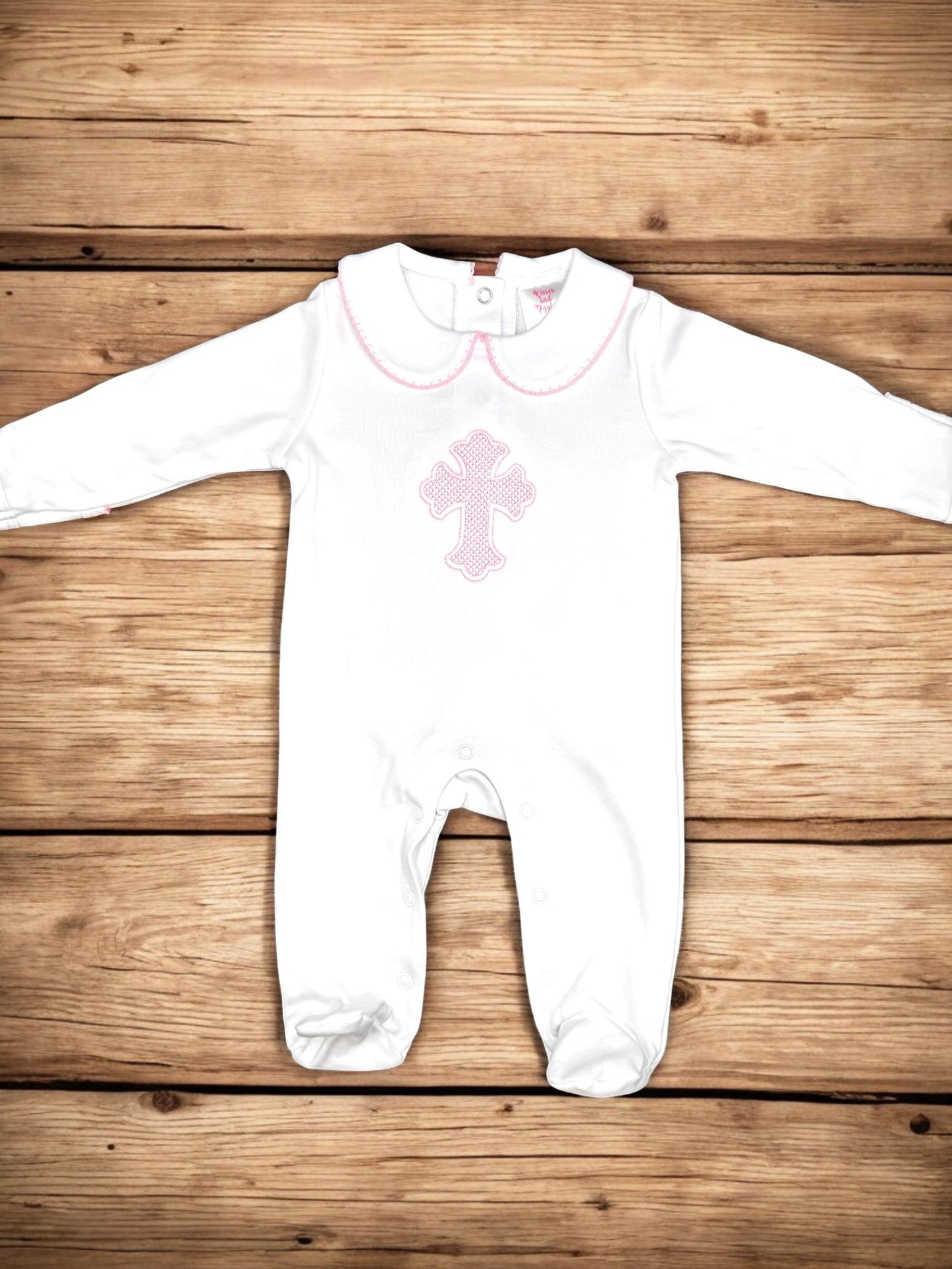 Pima Cotton Christening Footie: Pink Cross Embroidered Baby Outfit