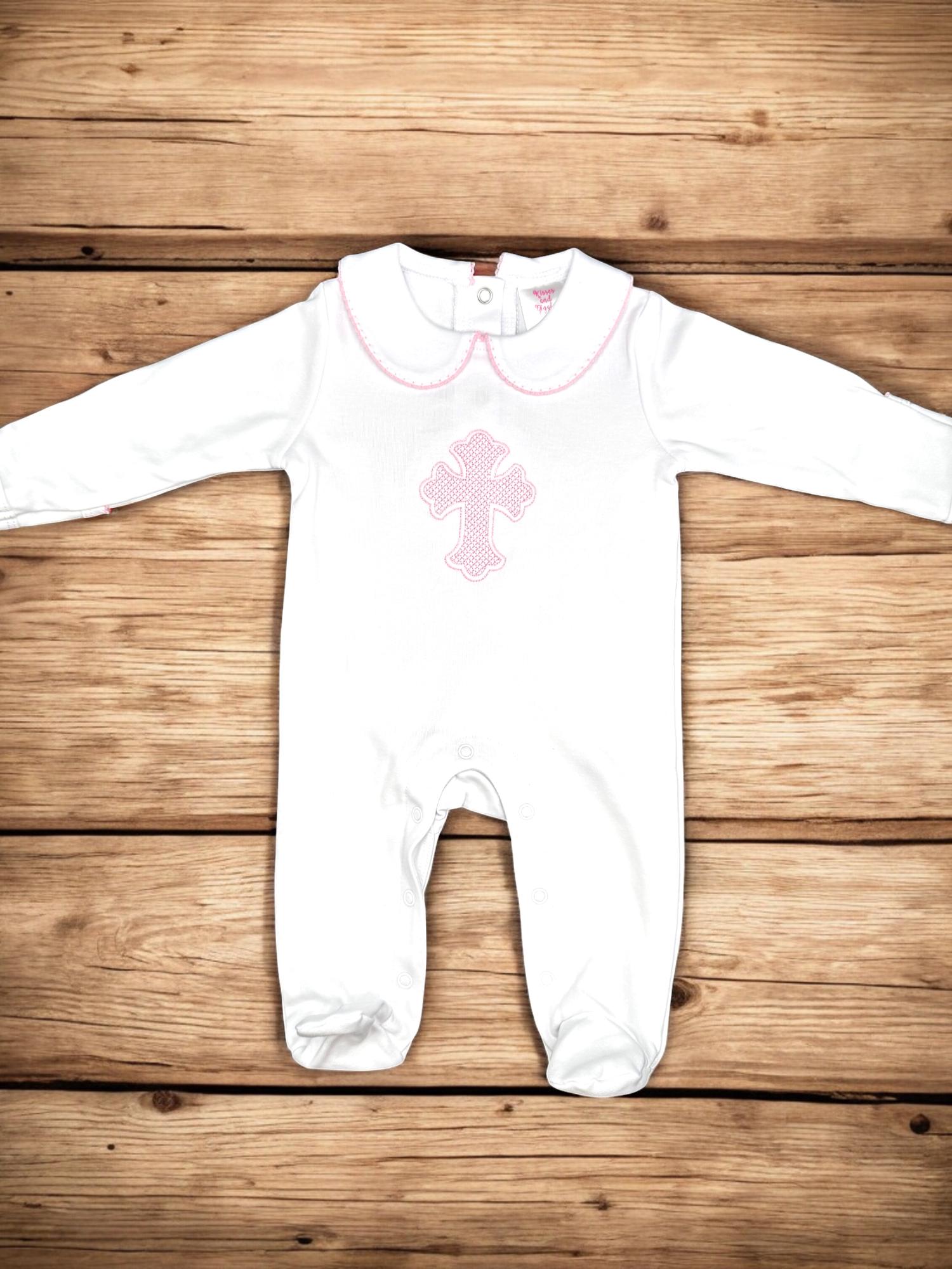 Pima Cotton Christening Footie: Pink Cross Embroidered Baby Outfit