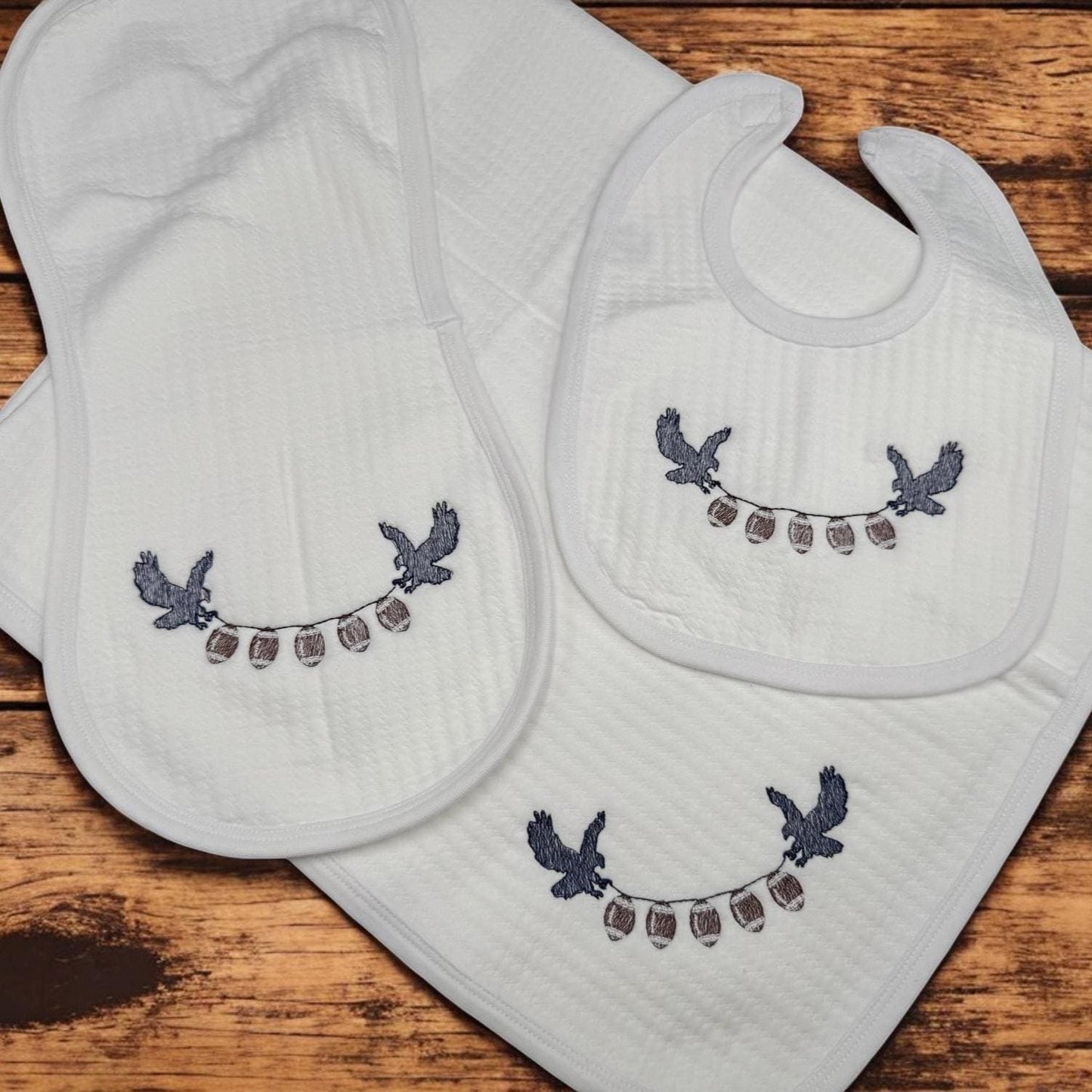 Embroidered Eagle Football Baby Gift Set, Cotton Bib, Burp Cloth & Blanket
