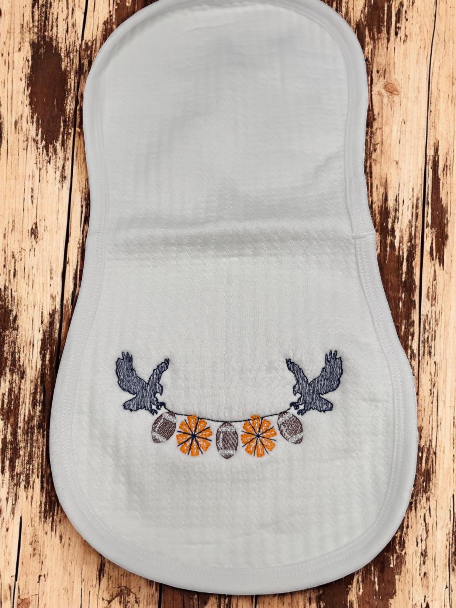 Embroidered Orange and Blue Baby Gift Set, Football Eagle Bib, Burp Cloth, Blanket