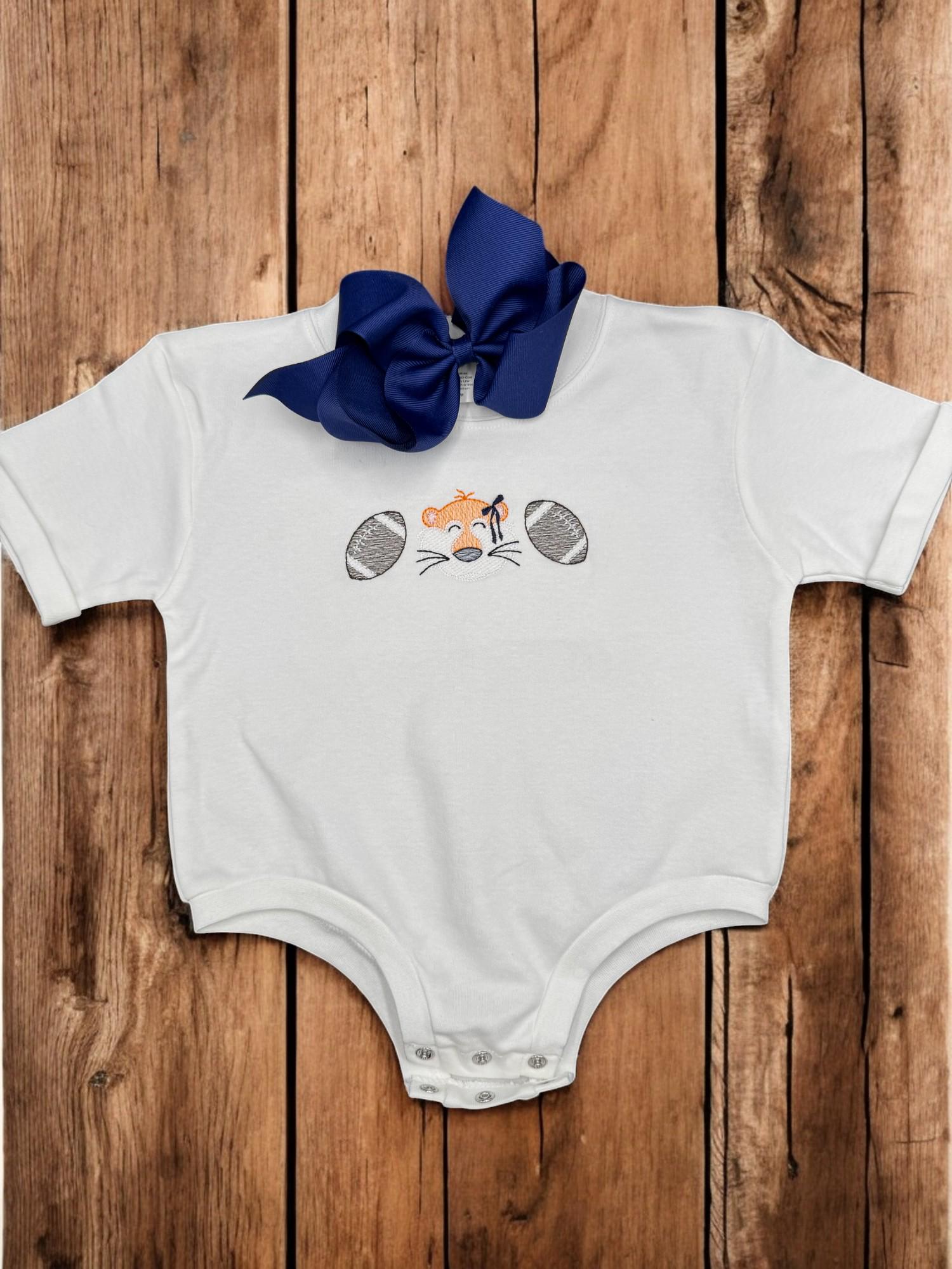 Orange and Blue Baby Outfit Gift Set: Embroidered Tiger Football Romper, Bib, Blanket