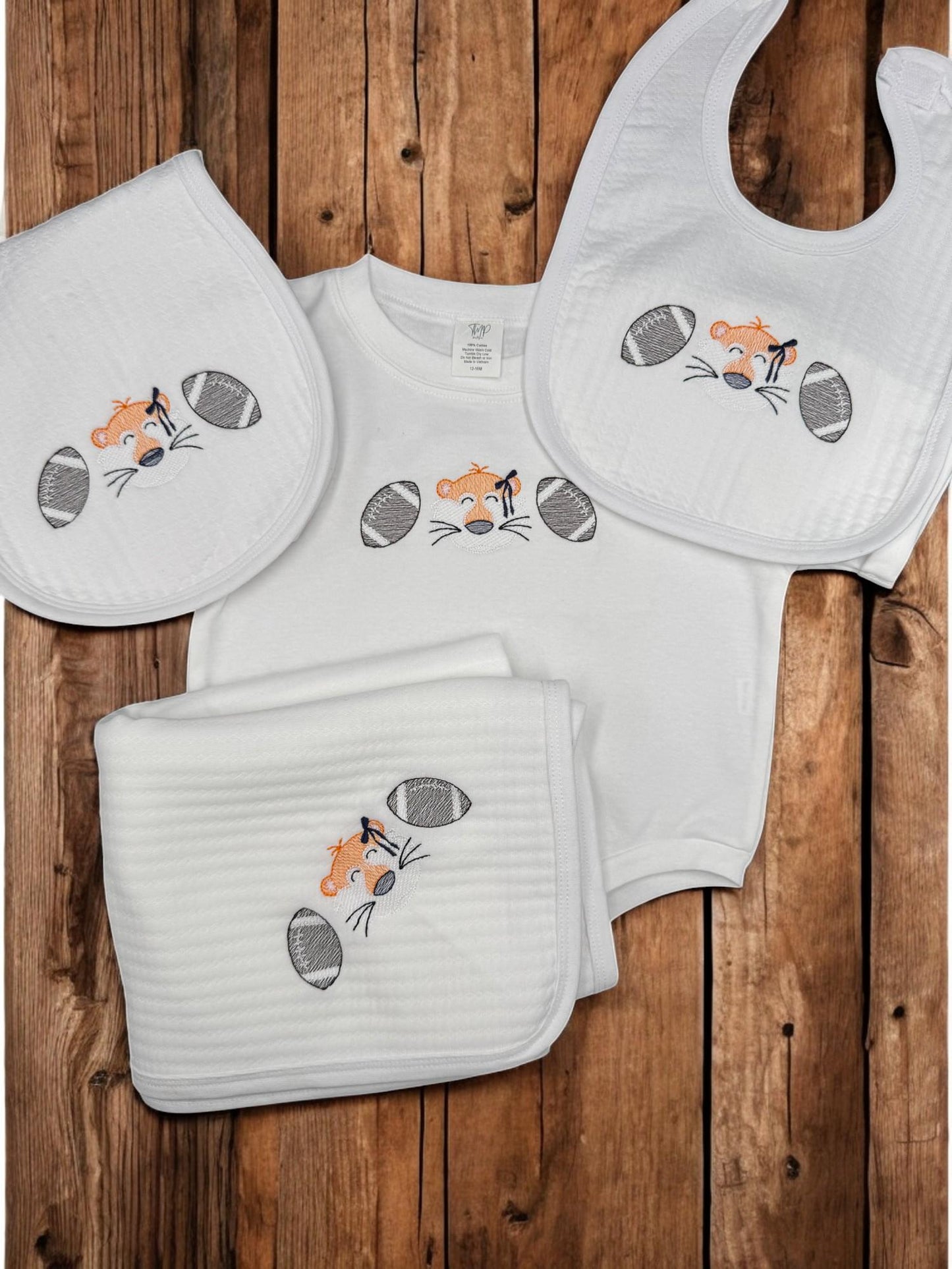Orange and Blue Baby Outfit Gift Set: Embroidered Tiger Football Romper, Bib, Blanket