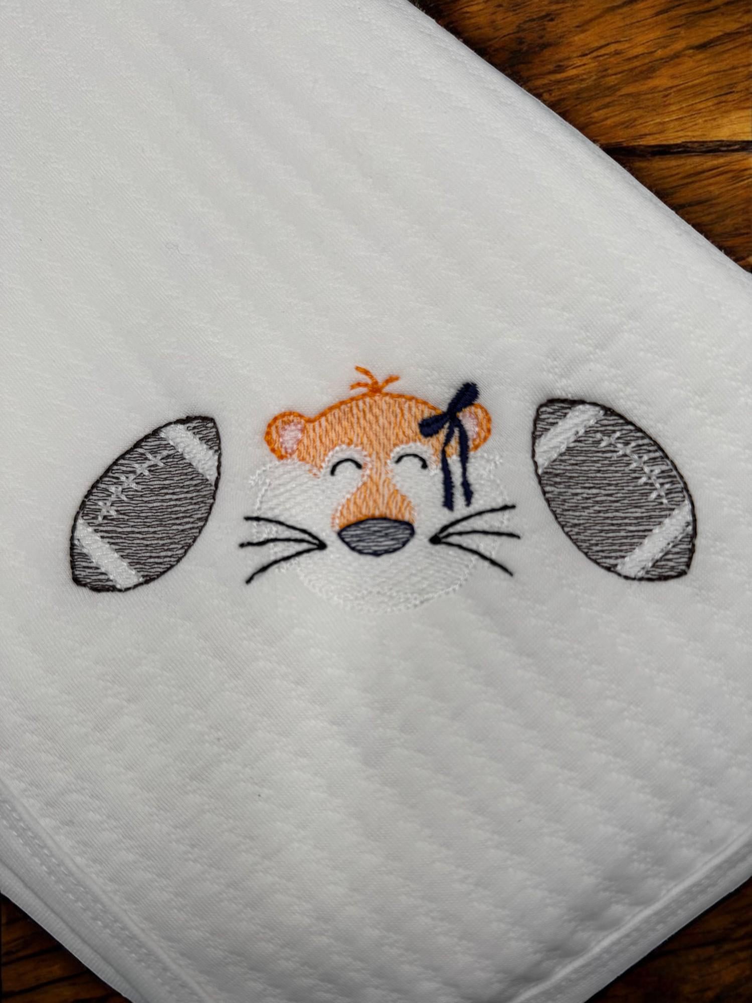 Orange and Blue Baby Outfit Gift Set: Embroidered Tiger Football Romper, Bib, Blanket