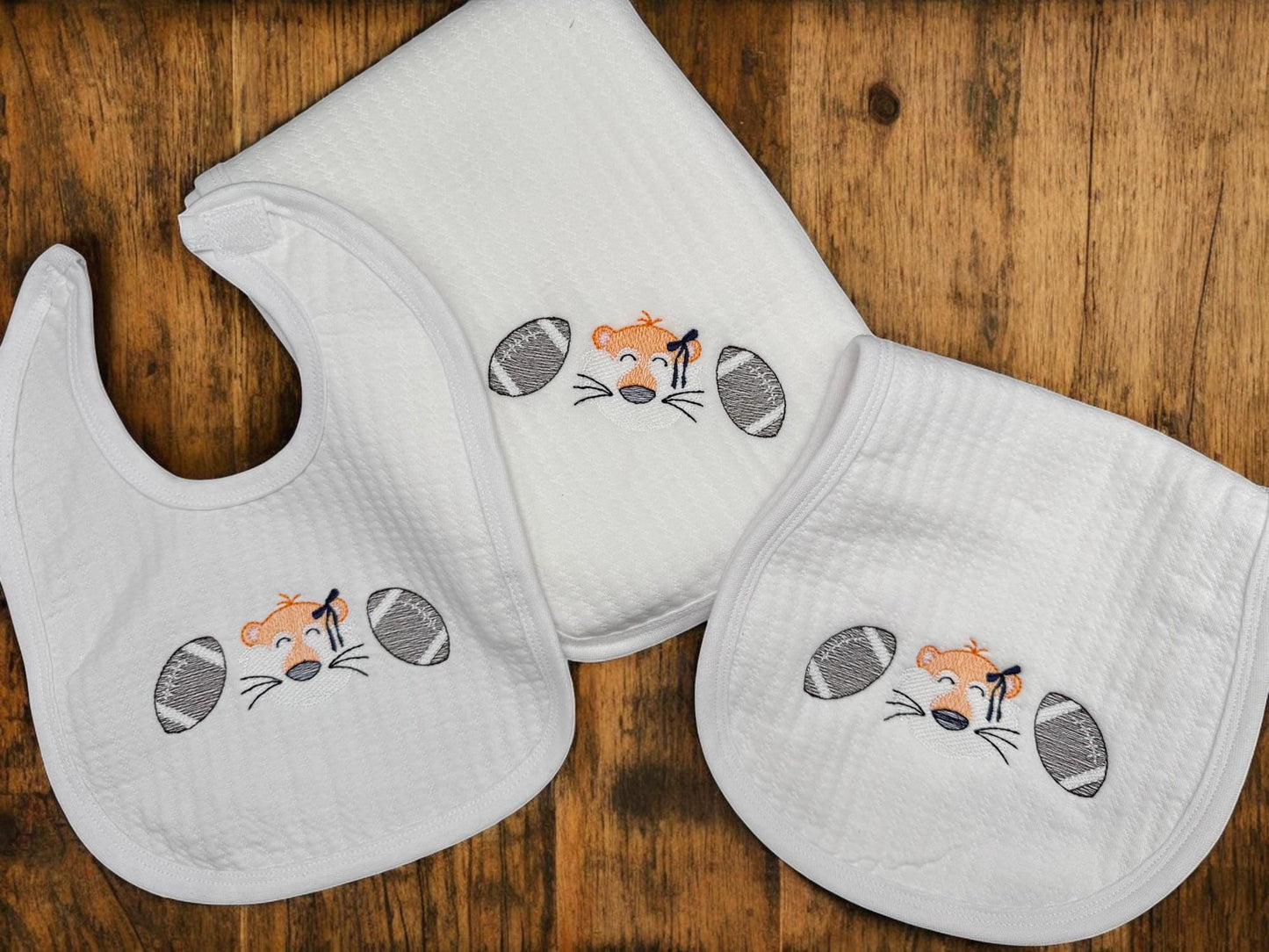 Orange and Blue Baby Outfit Gift Set: Embroidered Tiger Football Romper, Bib, Blanket