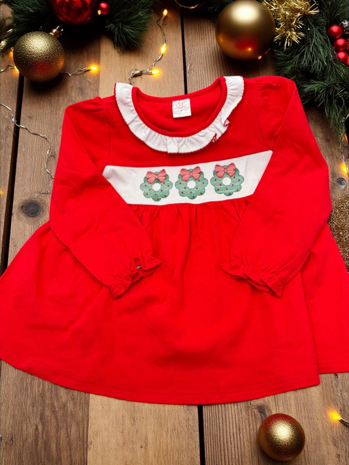 Girls Christmas Wreath Tunic Dress with Striped Leggings