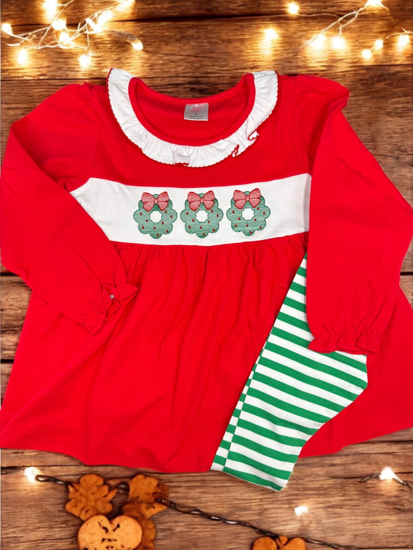 Girls Christmas Wreath Tunic Dress with Striped Leggings