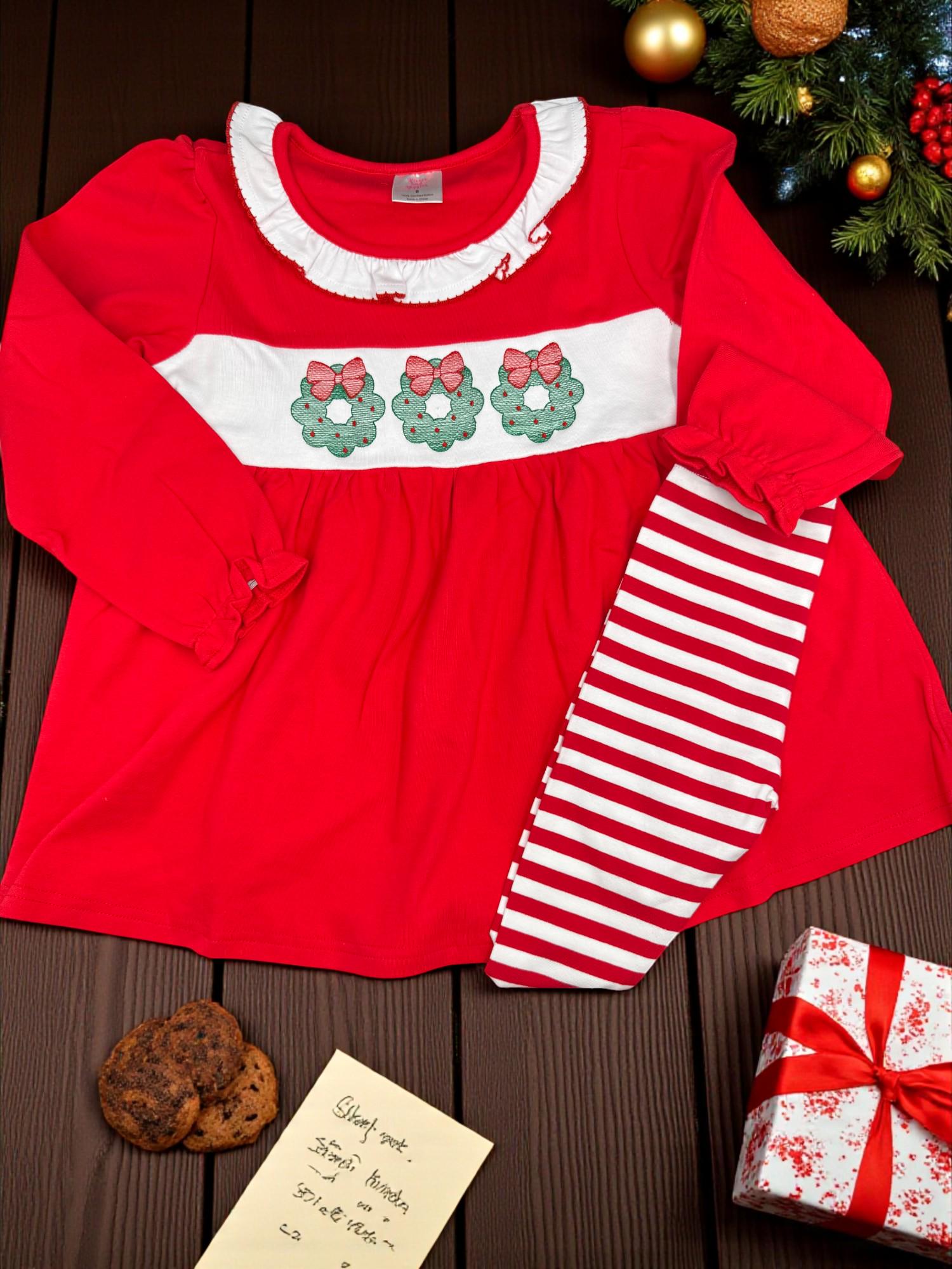 Girls Christmas Wreath Tunic Dress with Striped Leggings