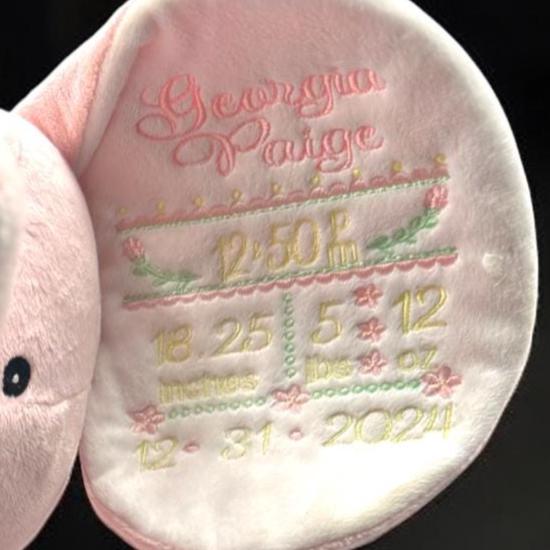 Personalized Embroidered Elephant Plush: Custom Birth Stats Keepsake
