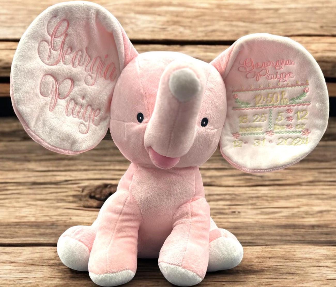 Personalized Embroidered Elephant Plush: Custom Birth Stats Keepsake