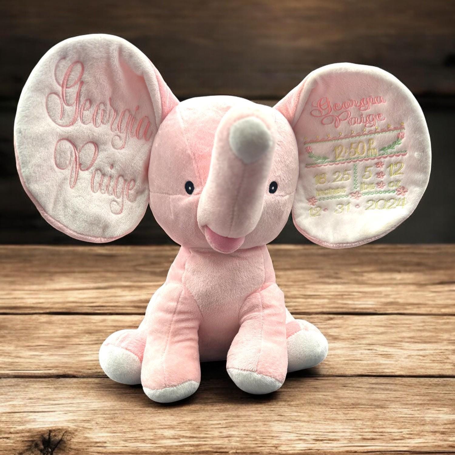 Personalized Embroidered Elephant Plush: Custom Birth Stats Keepsake