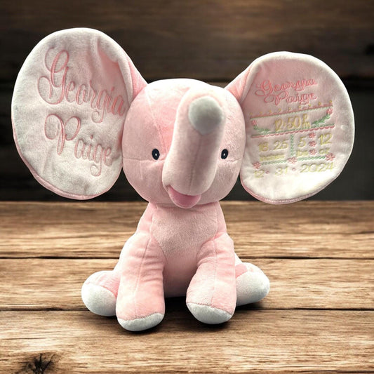 Personalized Embroidered Elephant Plush: Custom Birth Stats Keepsake