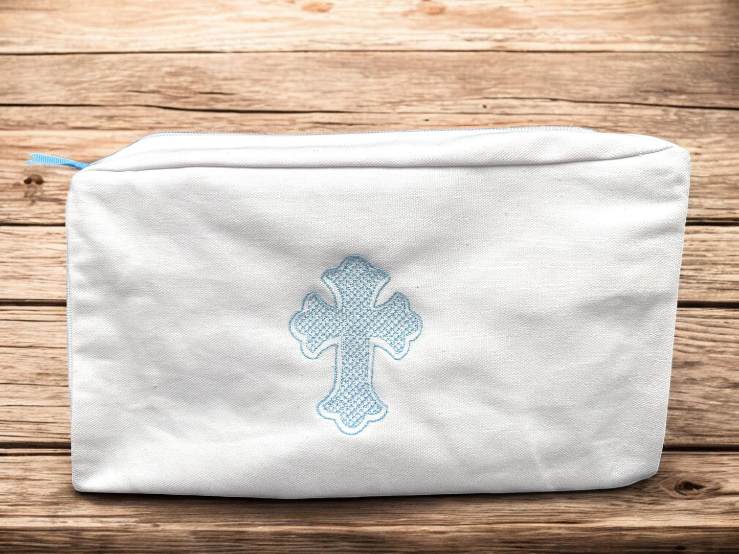 Embroidered Cross Canvas Pouch – Baptism Gift, Cosmetic Bag
