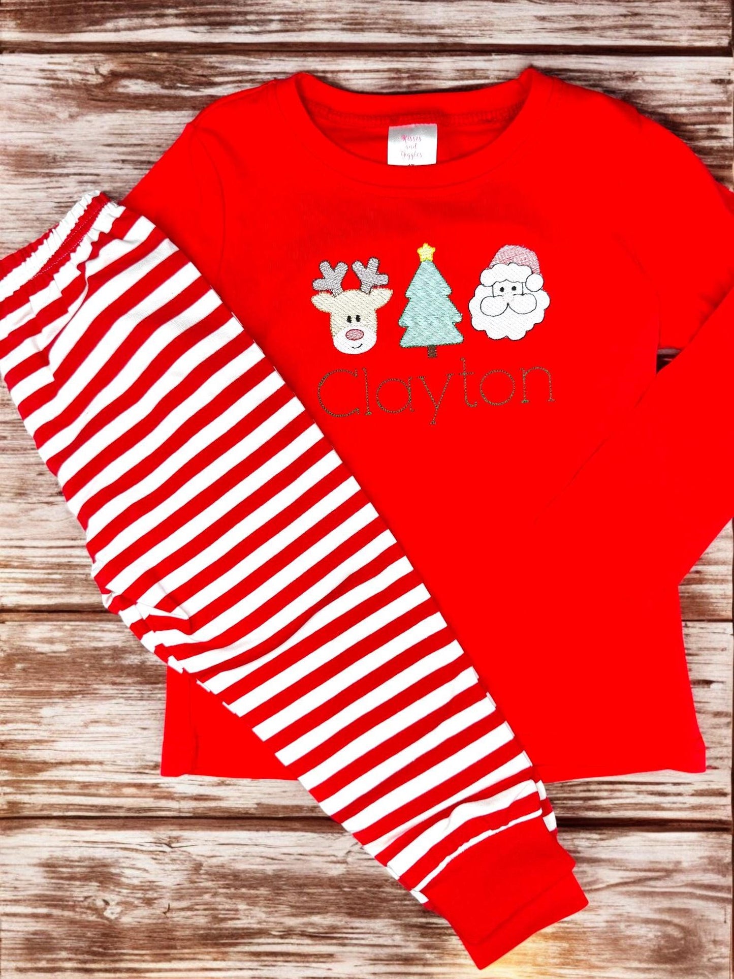 Monogrammed Christmas Pajamas, Santa Reindeer Tree Applique