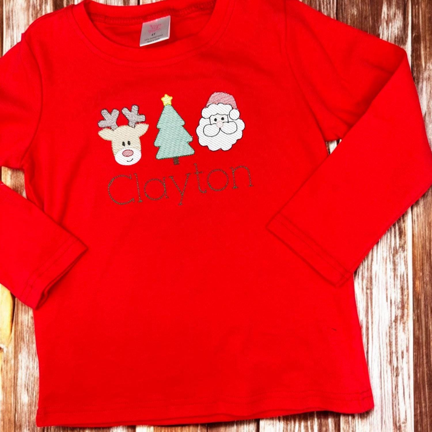 Monogrammed Christmas Pajamas, Santa Reindeer Tree Applique