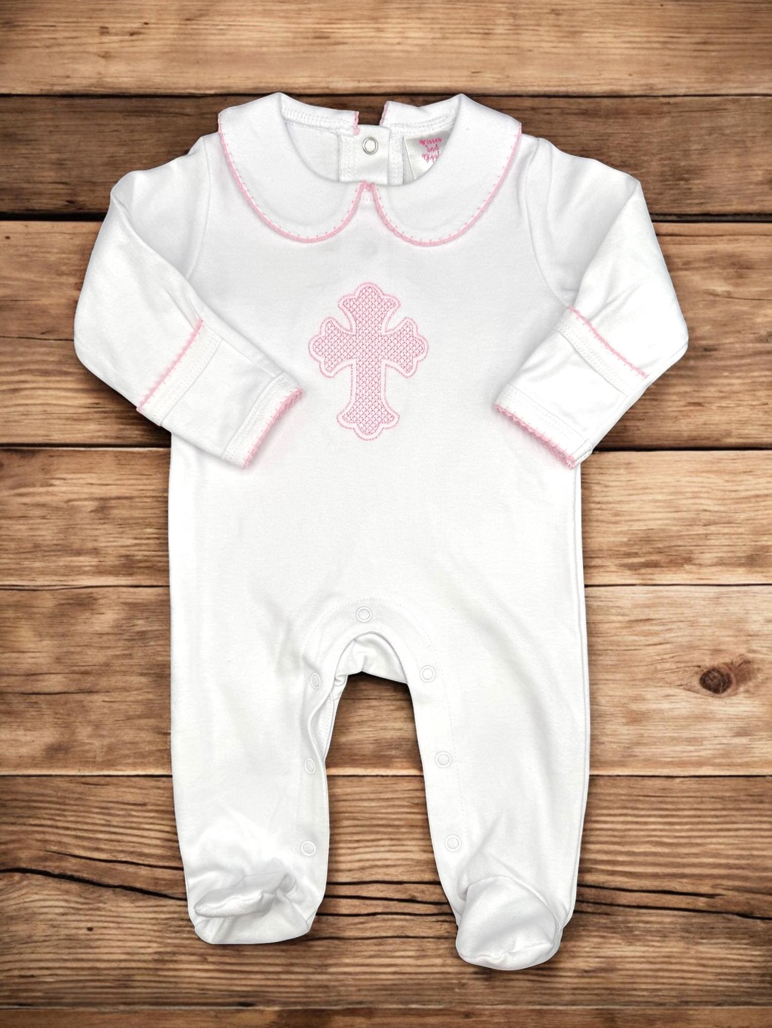 Pima Cotton Christening Footie: Pink Cross Embroidered Baby Outfit