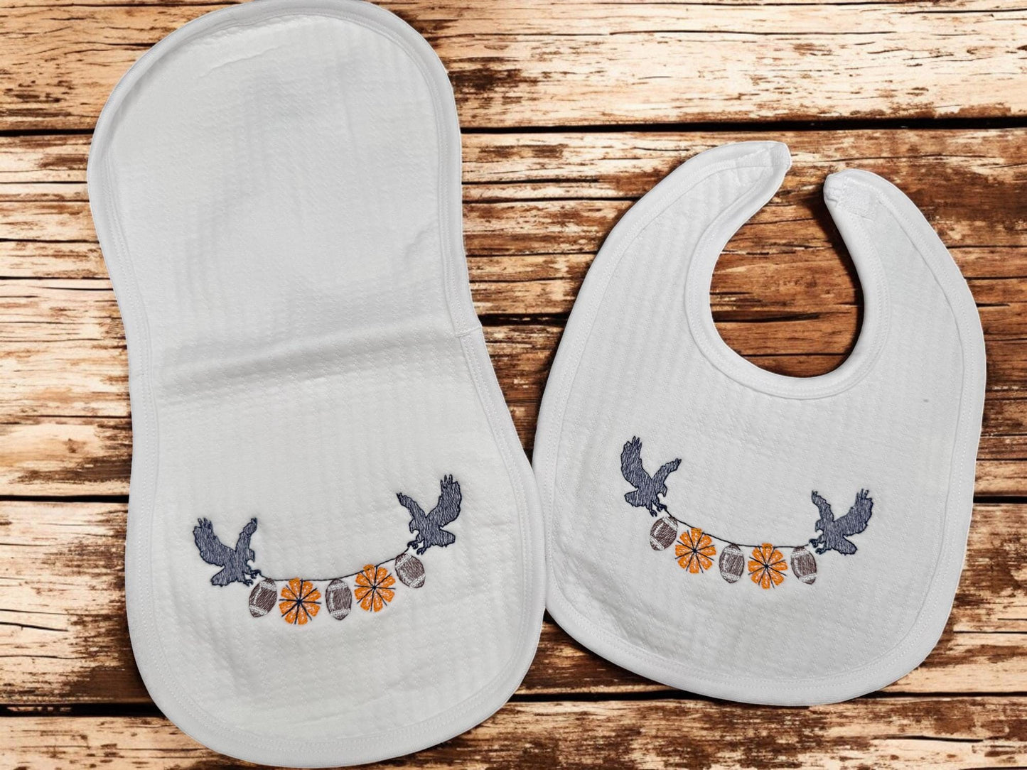 Embroidered Orange and Blue Baby Gift Set, Football Eagle Bib, Burp Cloth, Blanket