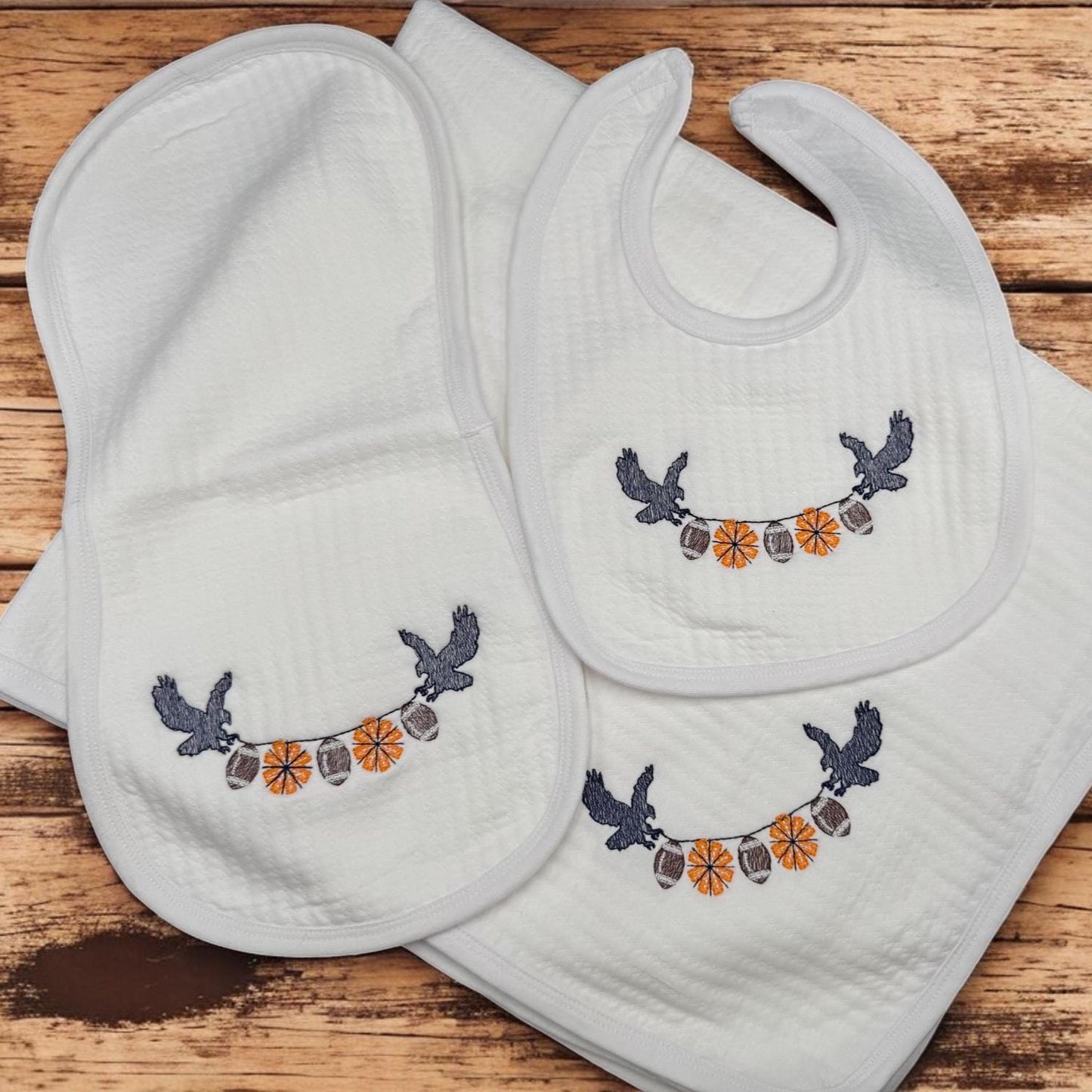 Embroidered Orange and Blue Baby Gift Set, Football Eagle Bib, Burp Cloth, Blanket