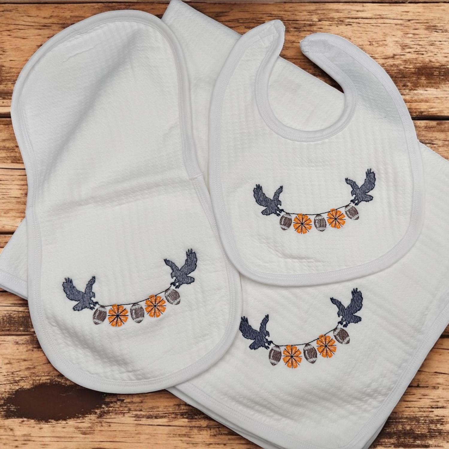 Embroidered Orange and Blue Baby Gift Set, Football Eagle Bib, Burp Cloth, Blanket