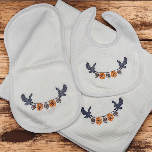 Embroidered Orange and Blue Baby Gift Set, Football Eagle Bib, Burp Cloth, Blanket