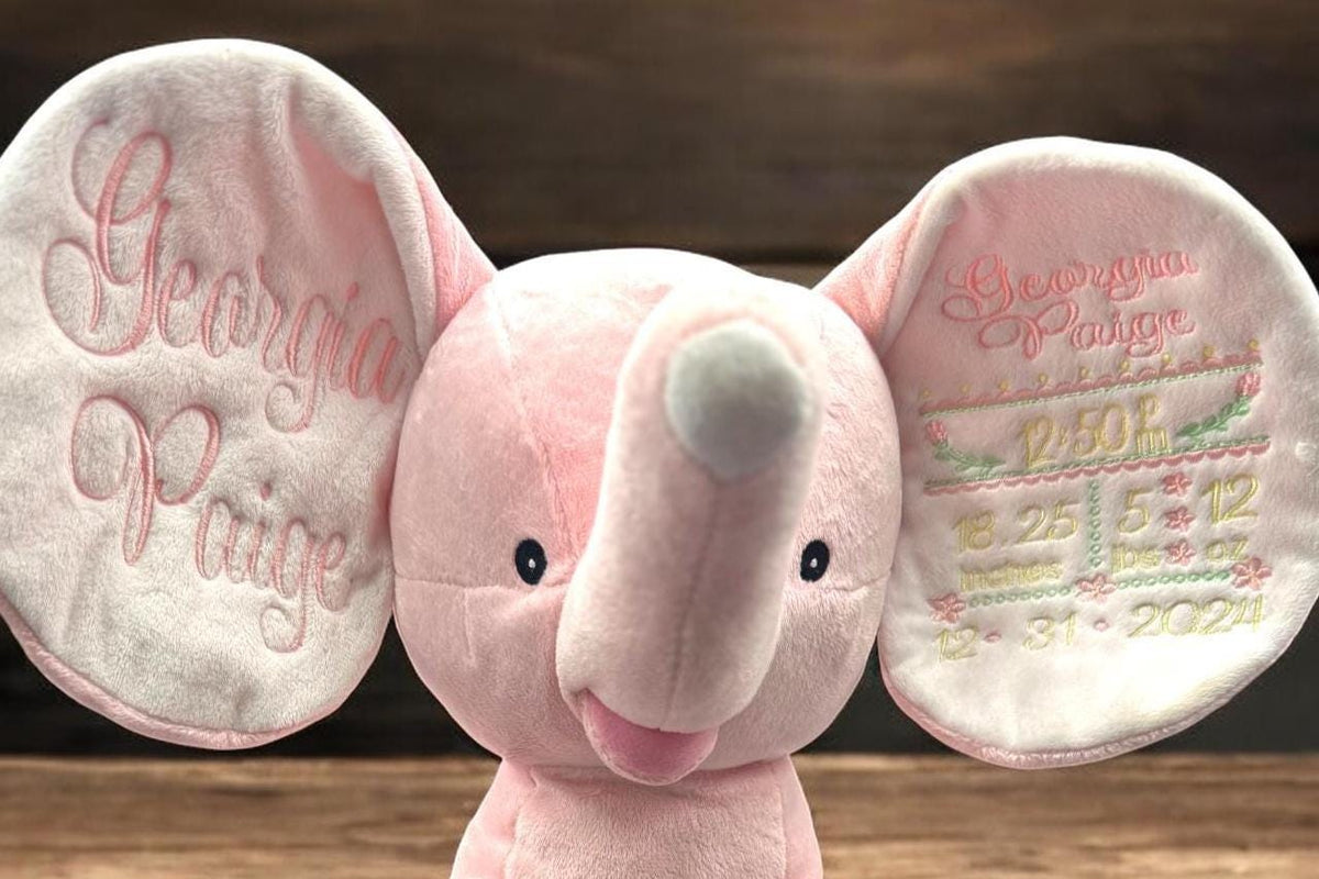 Personalized Embroidered Elephant Plush: Custom Birth Stats Keepsake