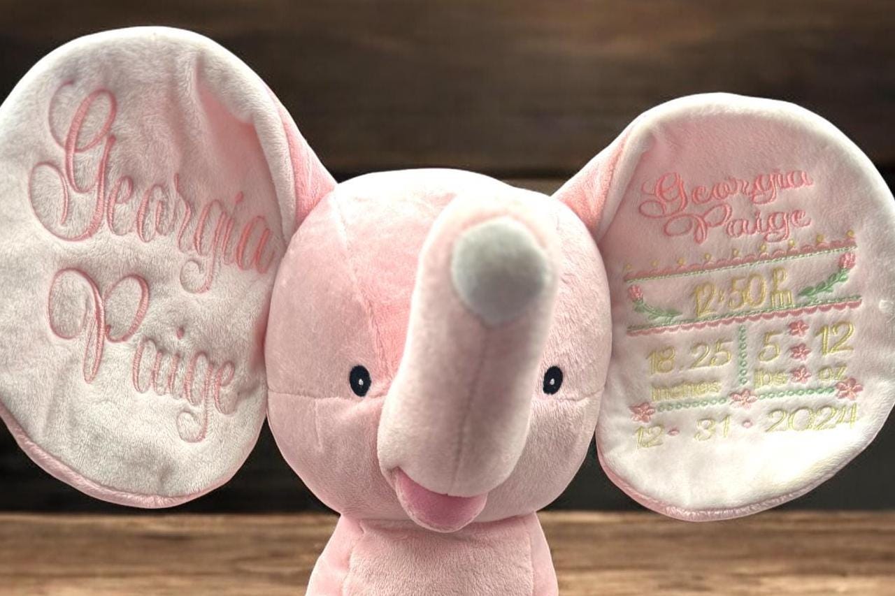 Personalized Embroidered Elephant Plush: Custom Birth Stats Keepsake