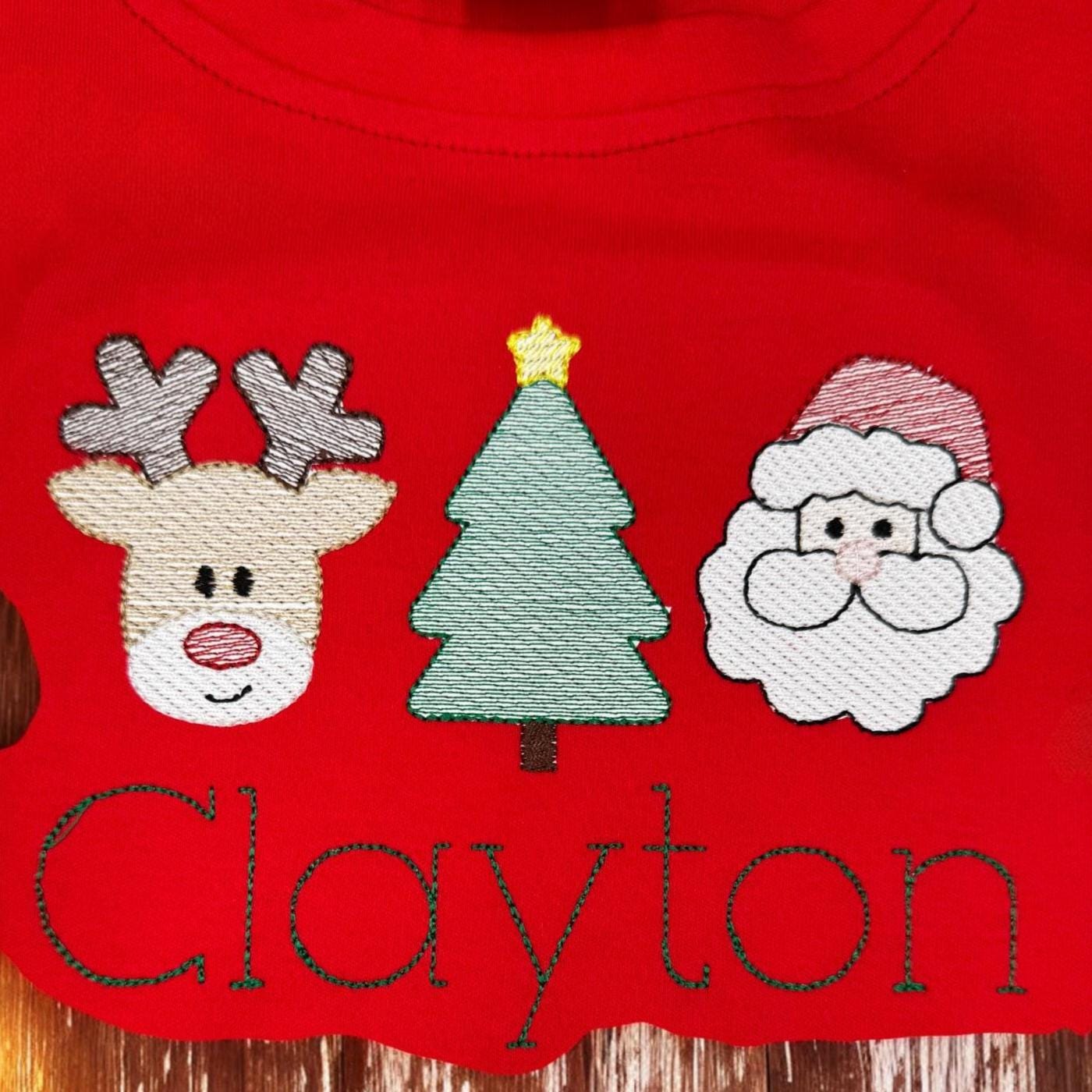 Monogrammed Christmas Pajamas, Santa Reindeer Tree Applique