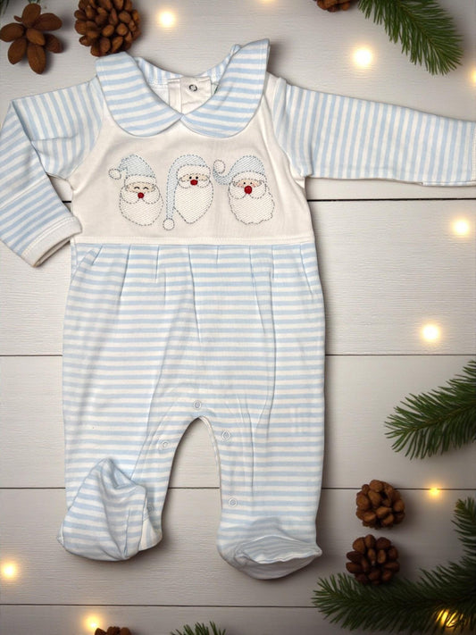Baby Boy Christmas Romper, Blue Stripe Santa Embroidery, Holiday Footie