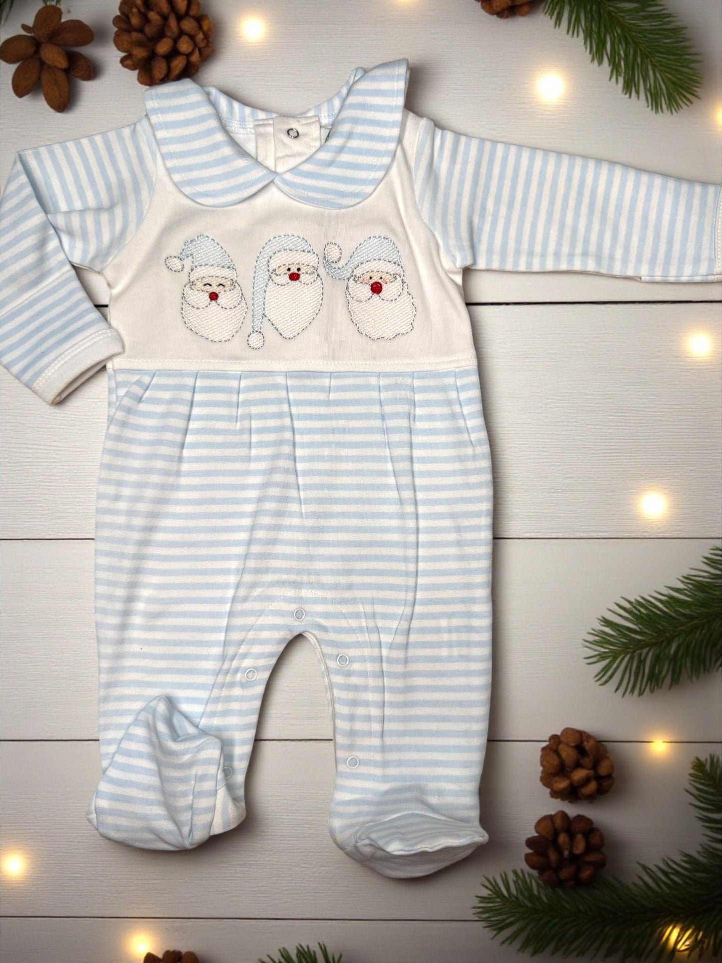 Baby Boy Christmas Romper, Blue Stripe Santa Embroidery, Holiday Footie