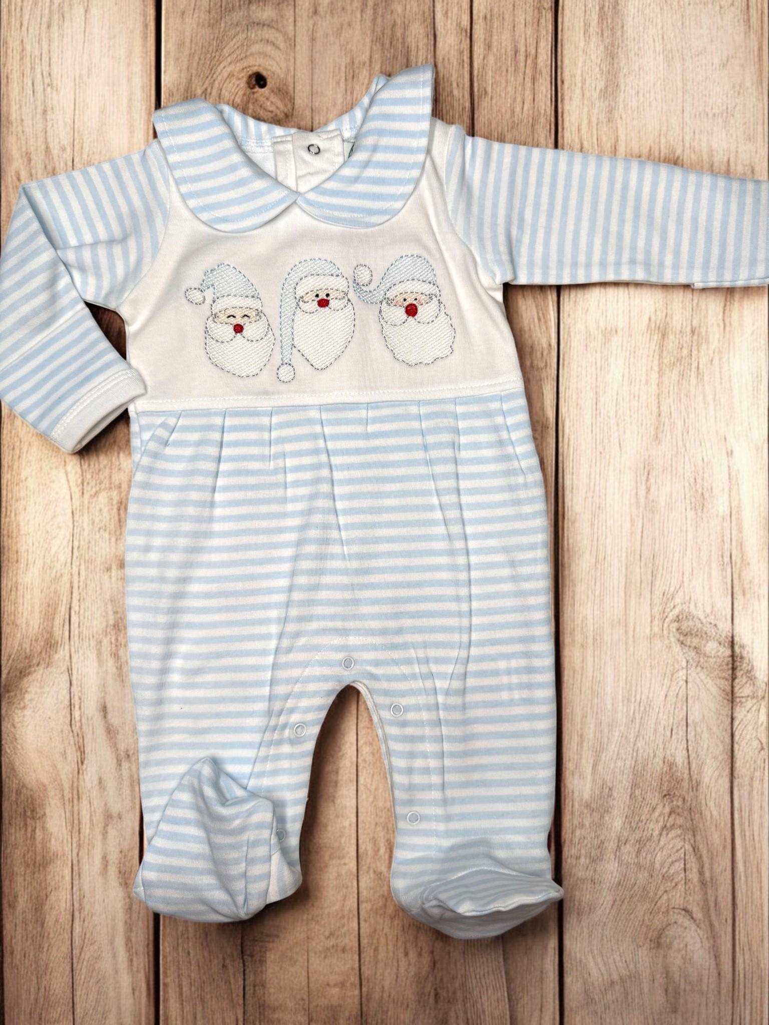 Baby Boy Christmas Romper, Blue Stripe Santa Embroidery, Holiday Footie