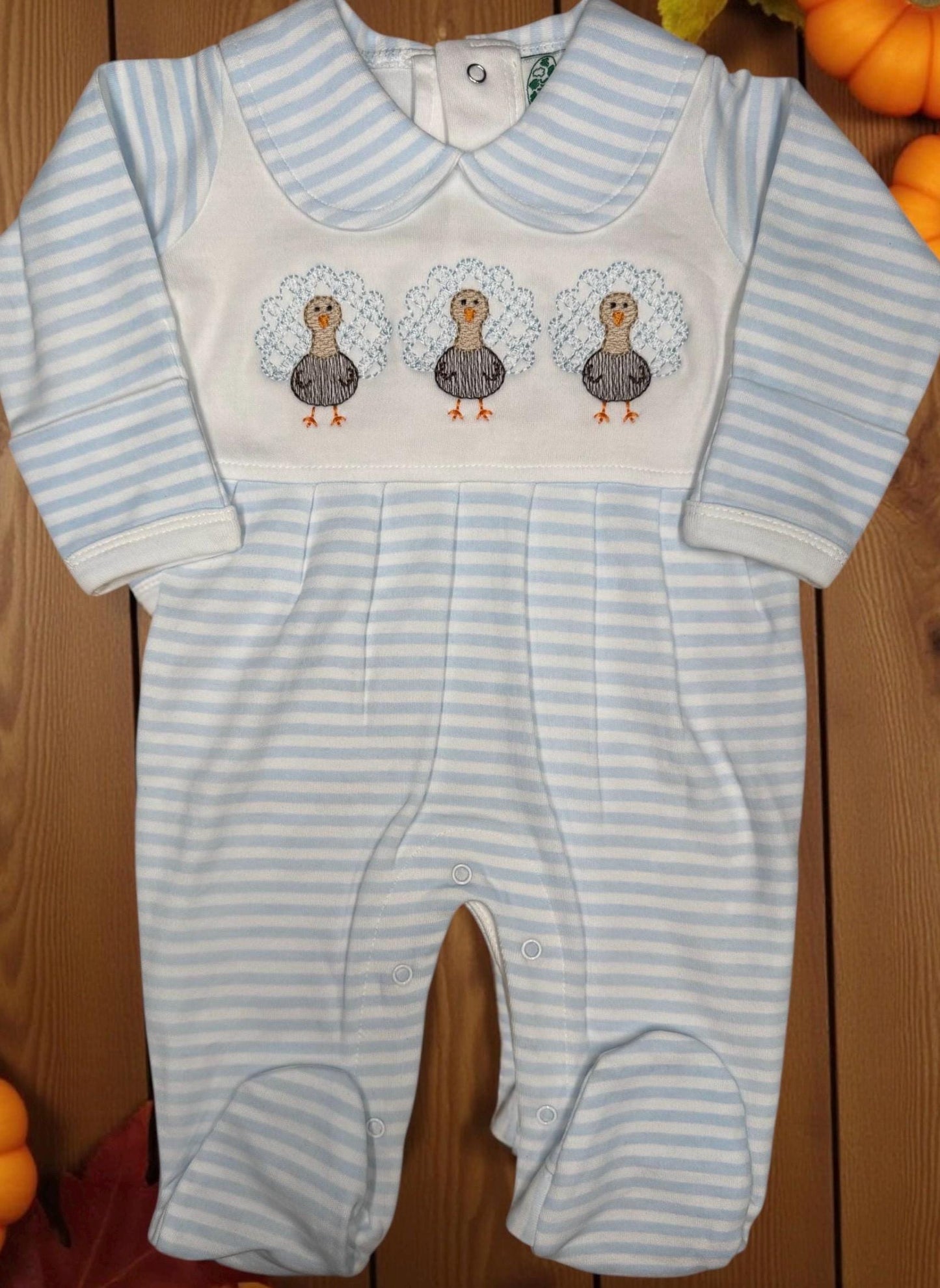 Baby Thanksgiving Romper | Blue Stripe Turkey Embroidered Footie Outfit
