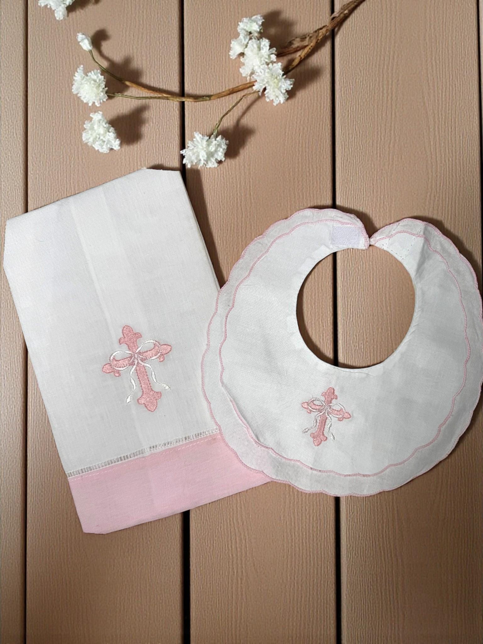 Personalized Embroidered Pink Scalloped Bib and Burp Cloth Set – Baptism Gift