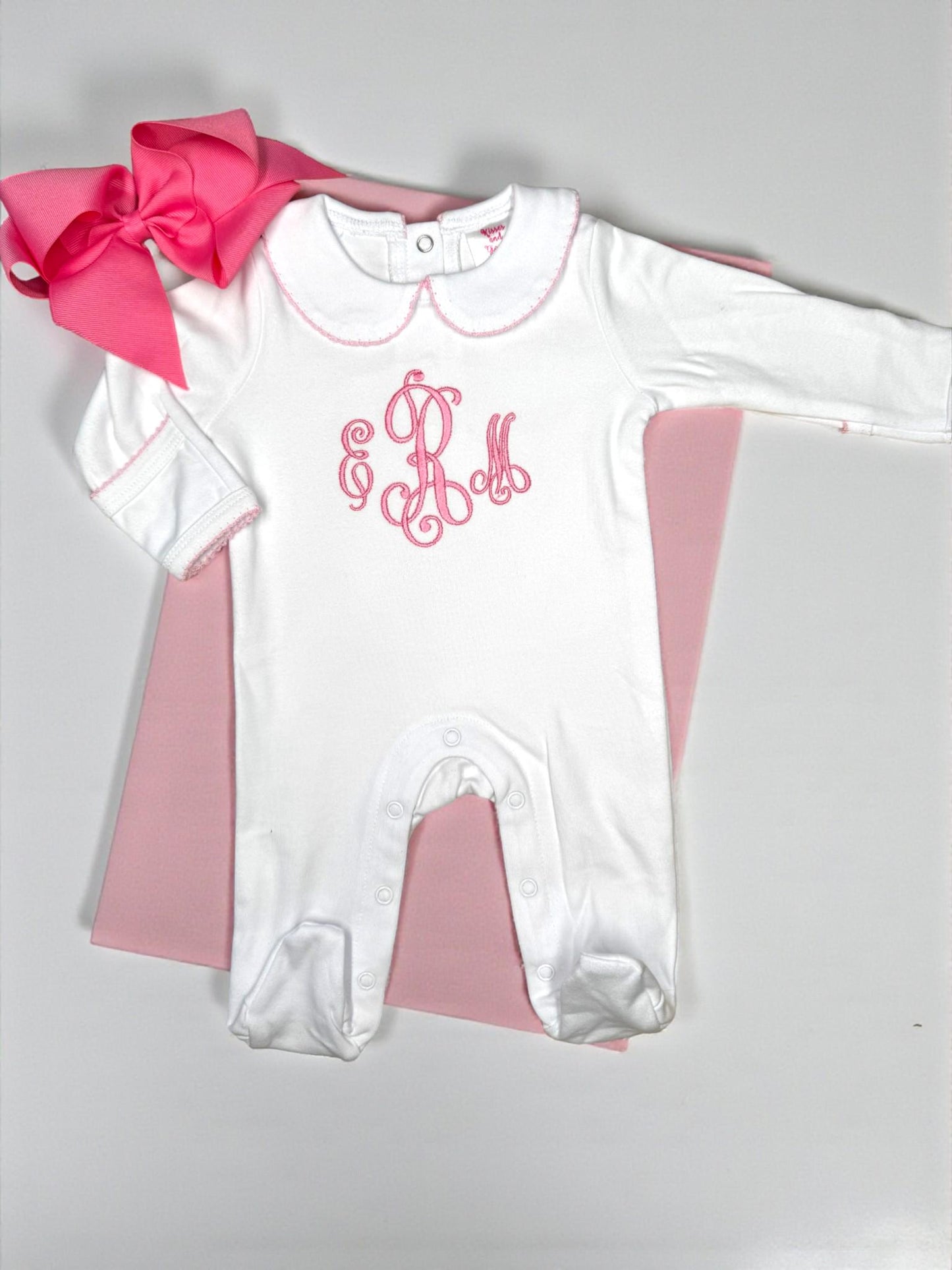 Monogrammed Baby Footie – White Pima Cotton with Pink Picot Trim