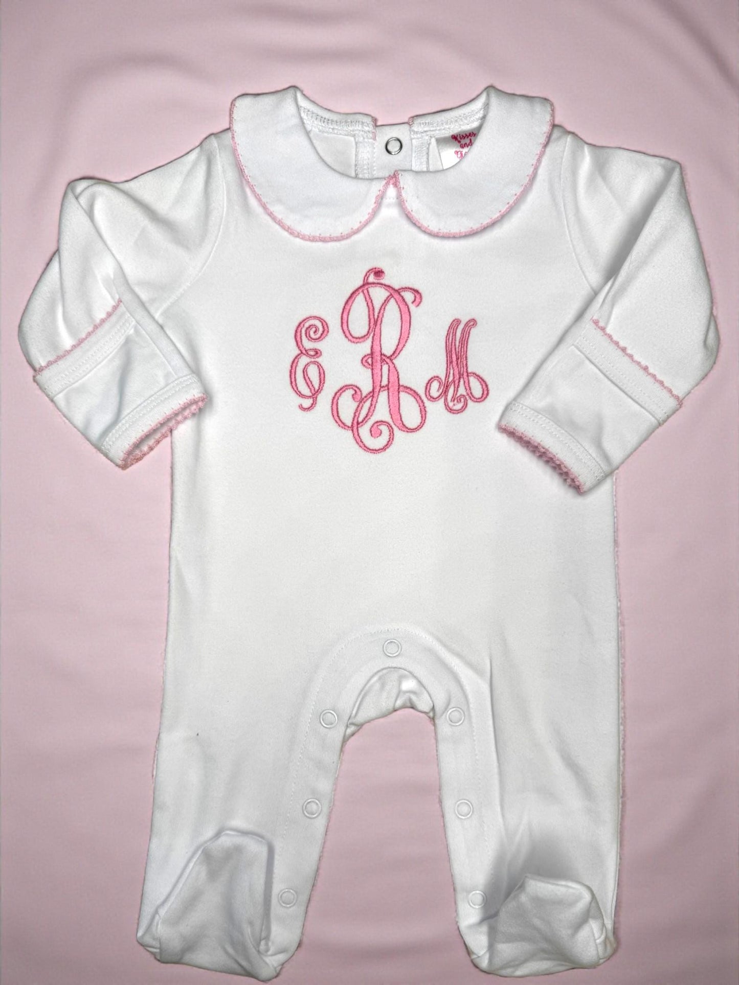 Monogrammed Baby Footie – White Pima Cotton with Pink Picot Trim