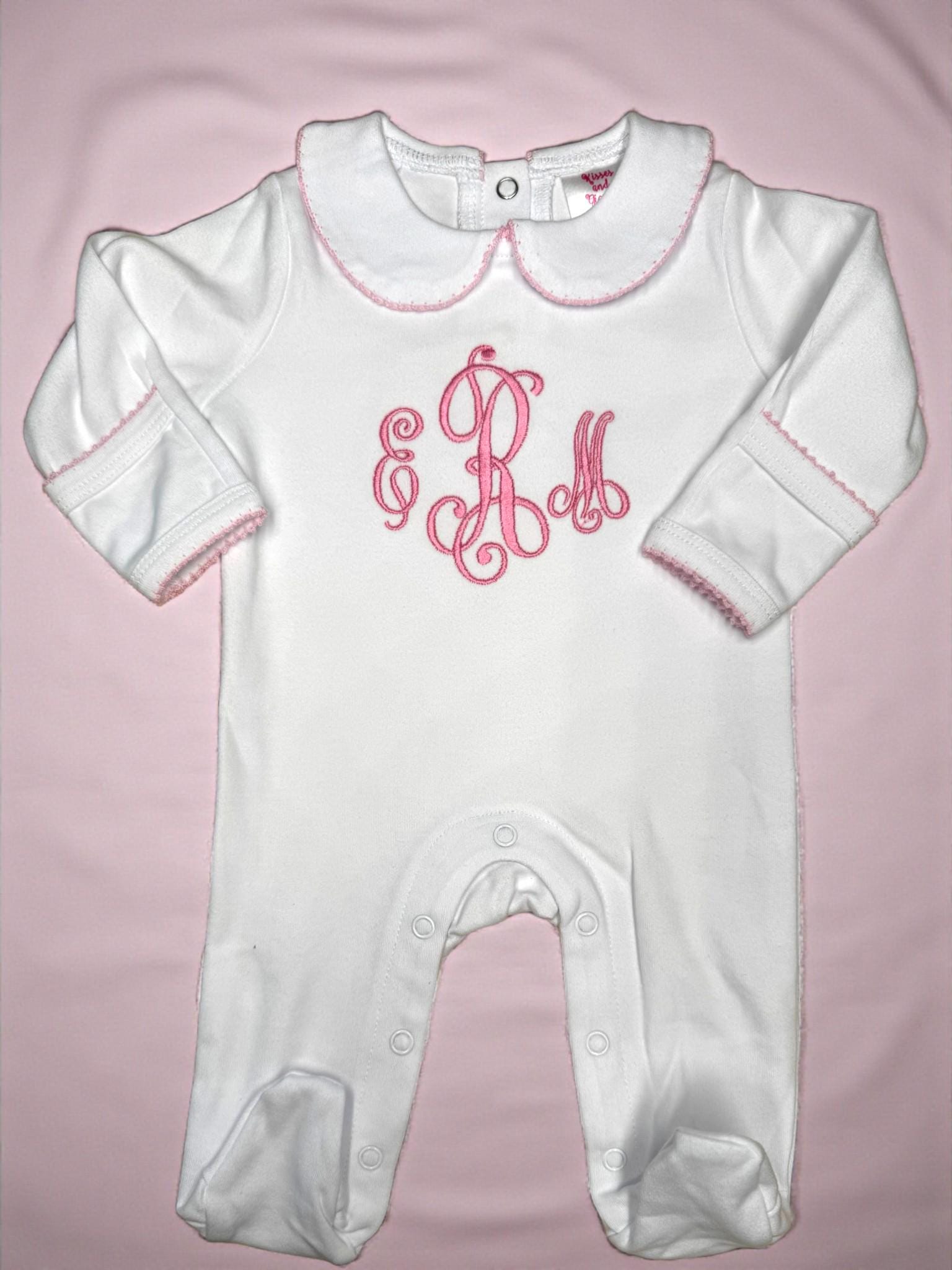 Monogrammed Baby Footie – White Pima Cotton with Pink Picot Trim