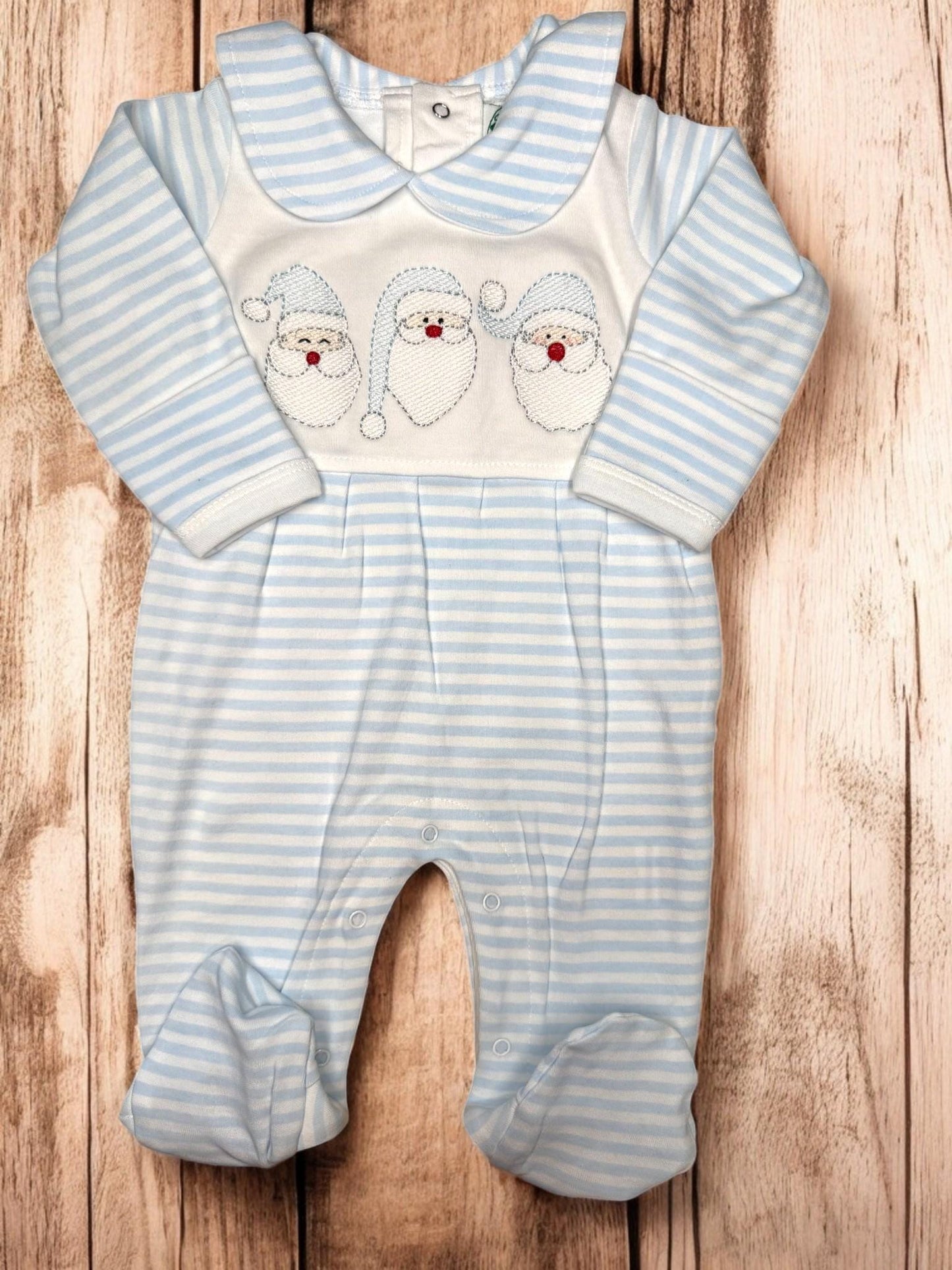 Baby Boy Christmas Romper, Blue Stripe Santa Embroidery, Holiday Footie