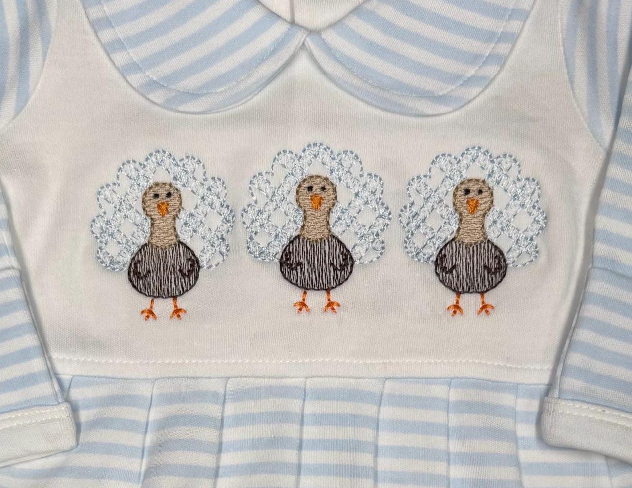 Baby Thanksgiving Romper | Blue Stripe Turkey Embroidered Footie Outfit