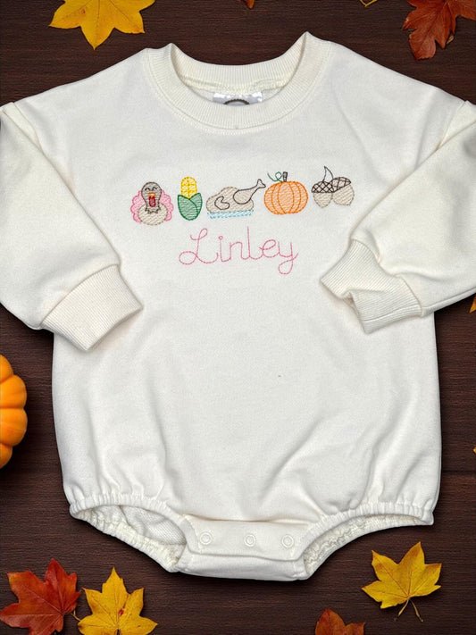 Personalized Thanksgiving Baby Romper | Embroidered Fall Bubble | Long Sleeve | Baby’s First Thanksgiving Outfit