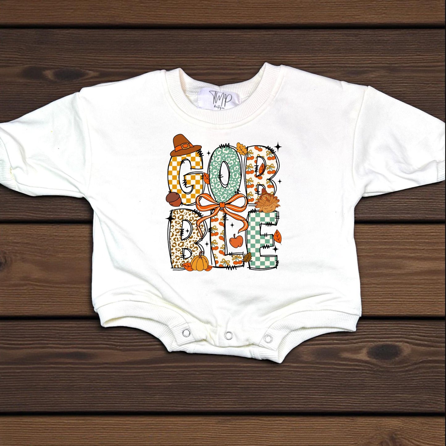 Gobble Baby Romper, Oversized Thanksgiving Outfit, Fall DTF Print