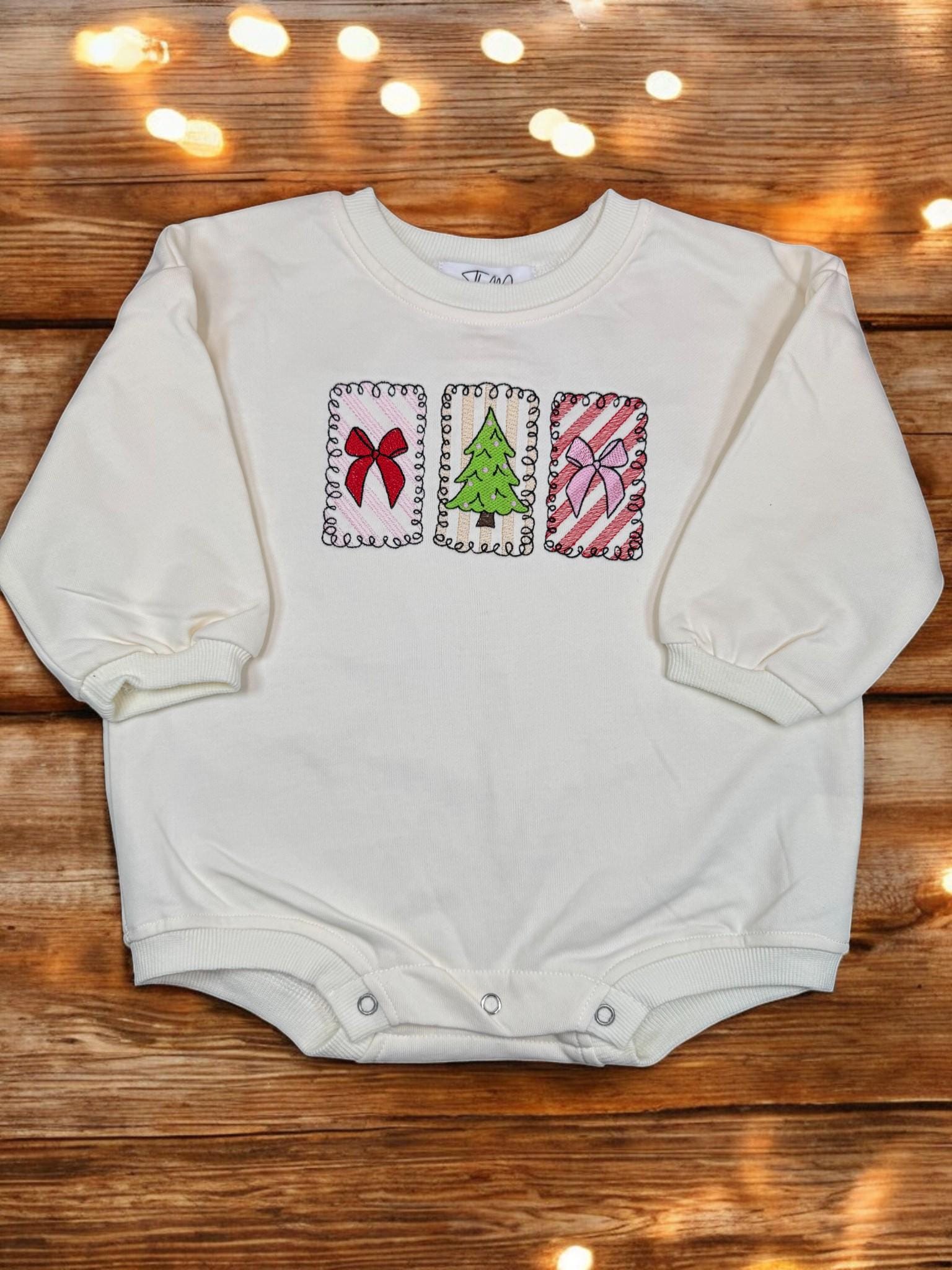 Embroidered Christmas Baby Romper, Long Sleeve Holiday Outfit