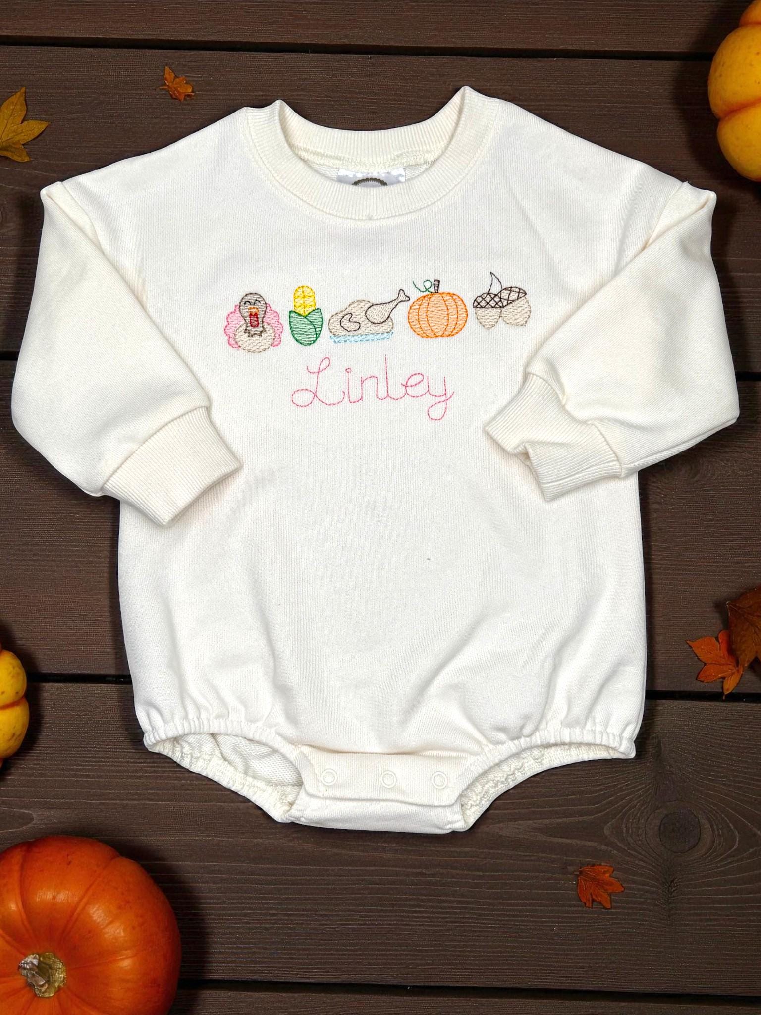 Personalized Thanksgiving Baby Romper | Embroidered Fall Bubble | Long Sleeve | Baby’s First Thanksgiving Outfit